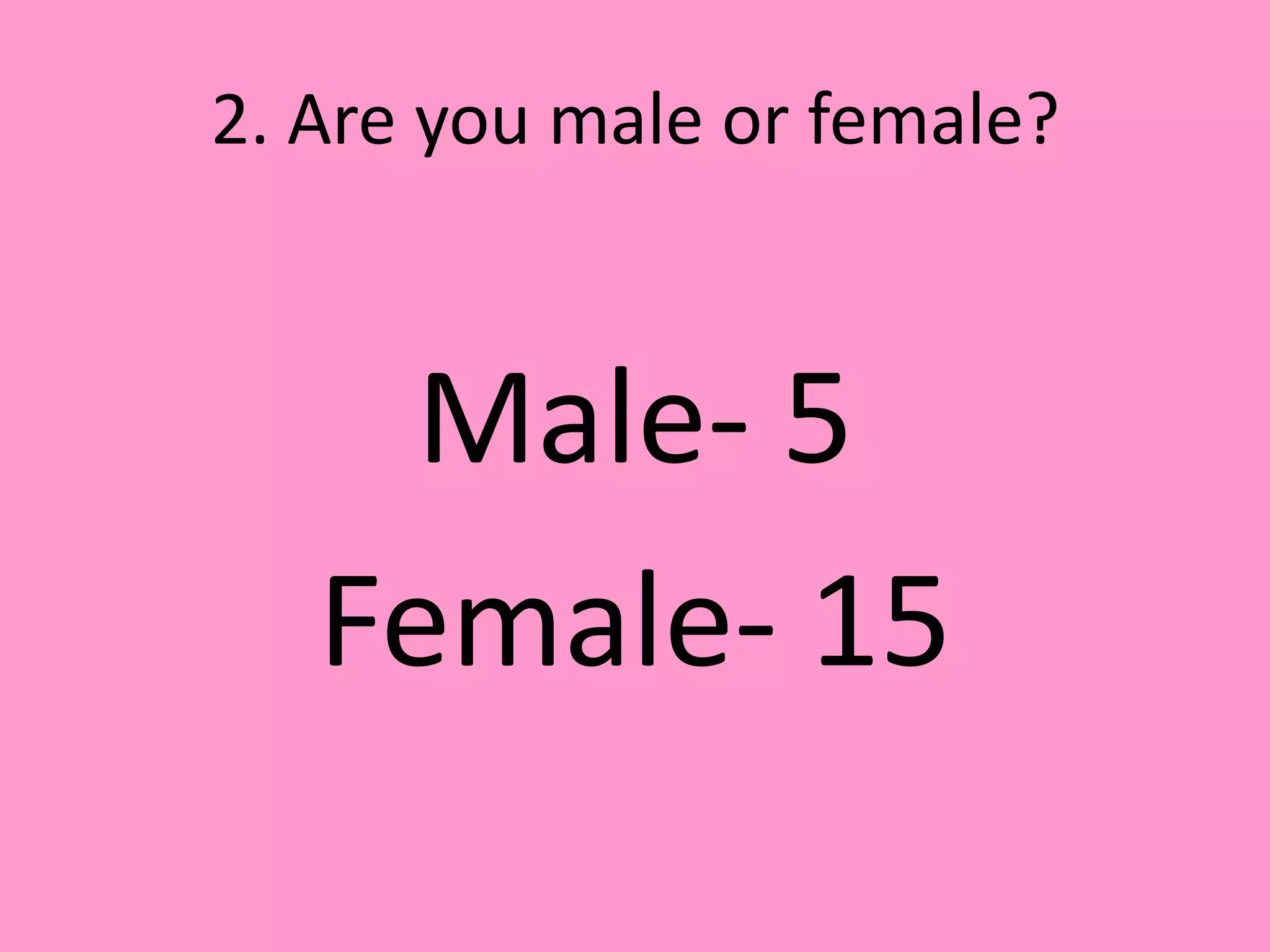 2. Are you male or female?



     Male- 5
   Female- 15
 