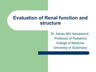 Evaluation of Renal function and structure Dr. Adnan MH Hamawandi Professor of Pediatrics College of Medicine University of Sulaimany 