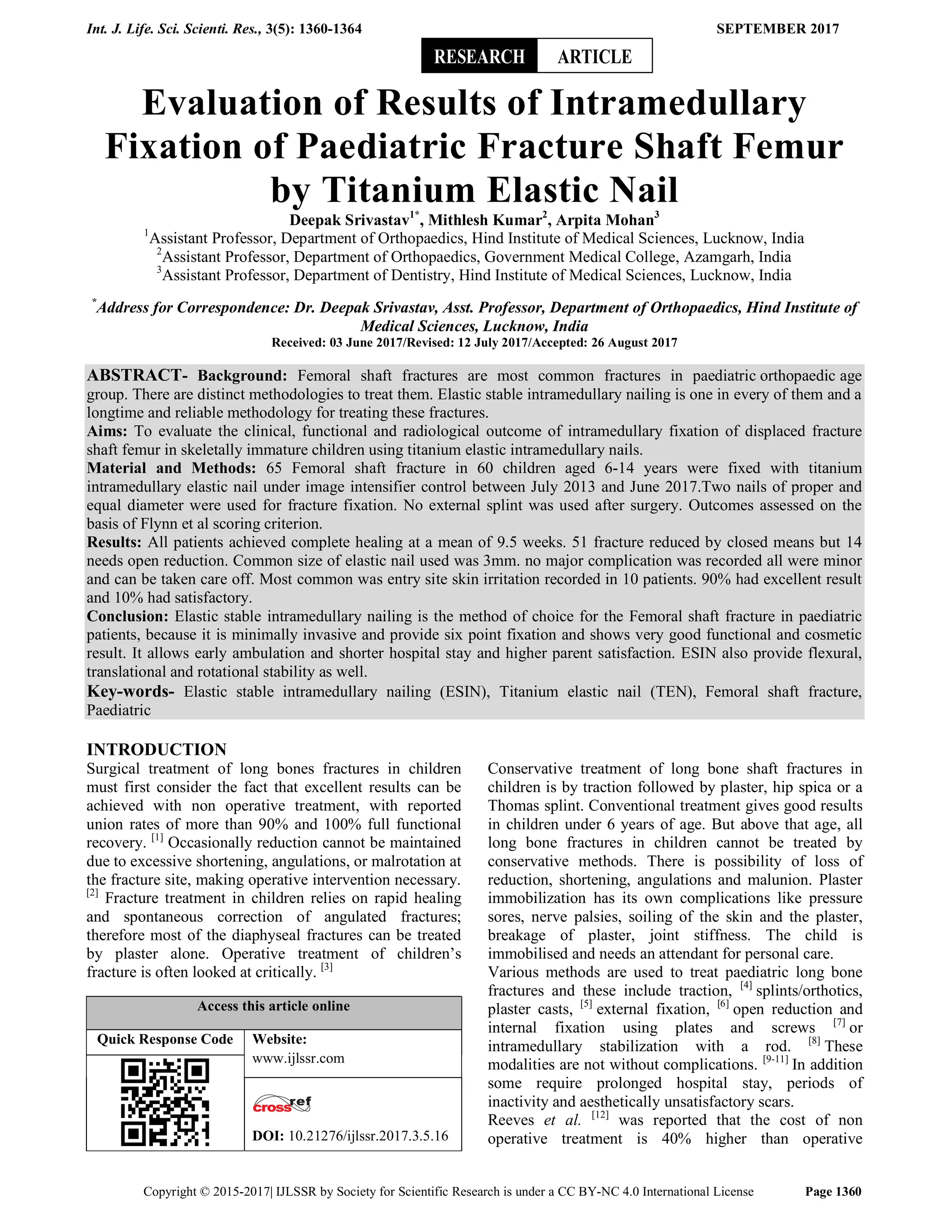 Evaluation of Results of Intramedullary Fixation of Paediatric Fracture