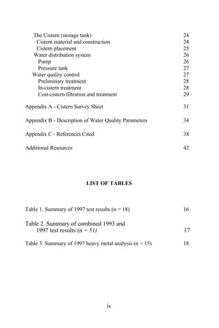 The Cistern (storage tank)                            24
    Cistern material and construction                    24
    Cistern placement                                    25
   Water distribution system                             26
    Pump                                                 26
    Pressure tank                                        27
   Water quality control                                 27
    Preliminary treatment                                28
    In-cistern treatment                                 28
    Cost-cistern filtration and treatment                29

Appendix A - Cistern Survey Sheet                        31

Appendix B - Description of Water Quality Parameters     34

Appendix C - References Cited                            38

Additional Resources                                     42




                           LIST OF TABLES



Table 1. Summary of 1997 test results (n = 18)           16

Table 2. Summary of combined 1993 and
    1997 test results (n = 51)                           17

Table 3. Summary of 1997 heavy metal analysis (n = 15)   18




                                    iv
 