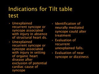 Indications for Tilt table
test
• Unexplained               • Identification of
  recurrent syncope or        neurally mediated
  syncope associated          syncope could alter
  with injury in absence      treatment
  of structural heart ds.
                            • Evaluation of
• Unexplained
  recurrent syncope or        recurrent
  syncope associated          unexplained falls.
  with injury in setting    • Evaluation of near
  of organic heart            syncope or dizziness
  disease after
  exclusion of potential
  cardiac cause of
  syncope
 