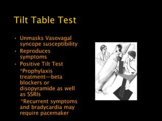Tilt Table Test
• Unmasks Vasovagal
  syncope susceptibility
• Reproduces
  symptoms
• Positive Tilt Test
  *Prophylaxis
  treatment—beta
  blockers or
  disopyramide as well
  as SSRIs
  *Recurrent symptoms
  and bradycardia may
  require pacemaker
 