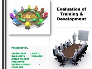 Evaluation of
Training &
Development

Presented By,
Janhavi Rege
– MMS 131
Ruchi Gupta
– eMBA 12112
Megha Thakkar
–
eMBA 12058
Supriya Semwal
–
PGDM 12119

 