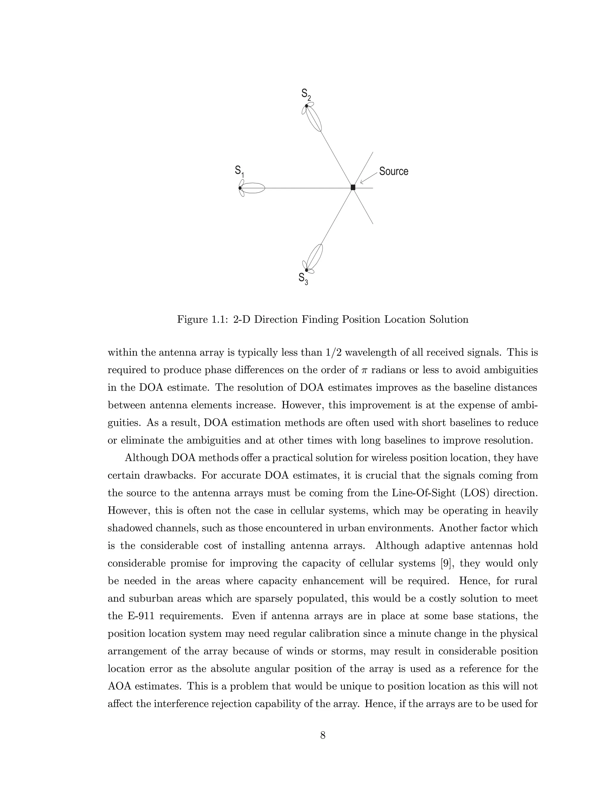 Figure 1.1: 2-D Direction Finding Position Location Solution
within the antenna array is typically less than 1/2 wavelength of all received signals. This is
required to produce phase diﬀerences on the order of π radians or less to avoid ambiguities
in the DOA estimate. The resolution of DOA estimates improves as the baseline distances
between antenna elements increase. However, this improvement is at the expense of ambi-
guities. As a result, DOA estimation methods are often used with short baselines to reduce
or eliminate the ambiguities and at other times with long baselines to improve resolution.
Although DOA methods oﬀer a practical solution for wireless position location, they have
certain drawbacks. For accurate DOA estimates, it is crucial that the signals coming from
the source to the antenna arrays must be coming from the Line-Of-Sight (LOS) direction.
However, this is often not the case in cellular systems, which may be operating in heavily
shadowed channels, such as those encountered in urban environments. Another factor which
is the considerable cost of installing antenna arrays. Although adaptive antennas hold
considerable promise for improving the capacity of cellular systems [9], they would only
be needed in the areas where capacity enhancement will be required. Hence, for rural
and suburban areas which are sparsely populated, this would be a costly solution to meet
the E-911 requirements. Even if antenna arrays are in place at some base stations, the
position location system may need regular calibration since a minute change in the physical
arrangement of the array because of winds or storms, may result in considerable position
location error as the absolute angular position of the array is used as a reference for the
AOA estimates. This is a problem that would be unique to position location as this will not
aﬀect the interference rejection capability of the array. Hence, if the arrays are to be used for
8
 