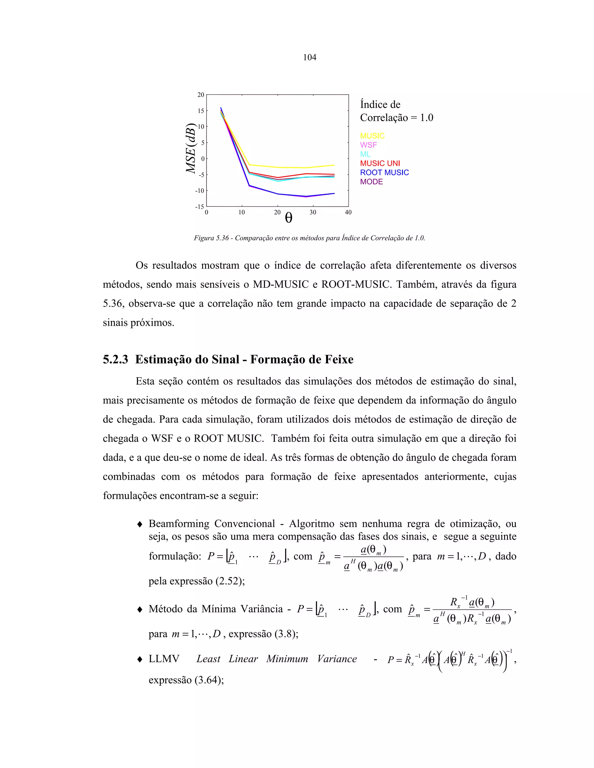 104
)(dBMSE
θ
0 10 20 30 40
-15
-10
-5
0
5
10
15
20
Índice de
Correlação = 1.0
MUSIC
WSF
ML
MUSIC UNI
ROOT MUSIC
MODE
Figura 5.36 - Comparação entre os métodos para Índice de Correlação de 1.0.
Os resultados mostram que o índice de correlação afeta diferentemente os diversos
métodos, sendo mais sensíveis o MD-MUSIC e ROOT-MUSIC. Também, através da figura
5.36, observa-se que a correlação não tem grande impacto na capacidade de separação de 2
sinais próximos.
5.2.3 Estimação do Sinal - Formação de Feixe
Esta seção contém os resultados das simulações dos métodos de estimação do sinal,
mais precisamente os métodos de formação de feixe que dependem da informação do ângulo
de chegada. Para cada simulação, foram utilizados dois métodos de estimação de direção de
chegada o WSF e o ROOT MUSIC. Também foi feita outra simulação em que a direção foi
dada, e a que deu-se o nome de ideal. As três formas de obtenção do ângulo de chegada foram
combinadas com os métodos para formação de feixe apresentados anteriormente, cujas
formulações encontram-se a seguir:
♦ Beamforming Convencional - Algoritmo sem nenhuma regra de otimização, ou
seja, os pesos são uma mera compensação das fases dos sinais, e segue a seguinte
formulação: [ ]D
ppP ˆˆ1
= , com
)()(
)(
ˆ
mm
H
m
m
aa
a
p
θθ
θ
= , para Dm ,,1= , dado
pela expressão (2.52);
♦ Método da Mínima Variância - [ ]D
ppP ˆˆ1
= , com
)()(
)(
ˆ 1
1
mxm
H
mx
m
aRa
aR
p
θθ
θ
−
−
= ,
para Dm ,,1= , expressão (3.8);
♦ LLMV Least Linear Minimum Variance - ( ) ( ) ( )
1
11 ˆˆˆˆˆ
−
−−




= θθθ ARAARP x
H
x
,
expressão (3.64);
 