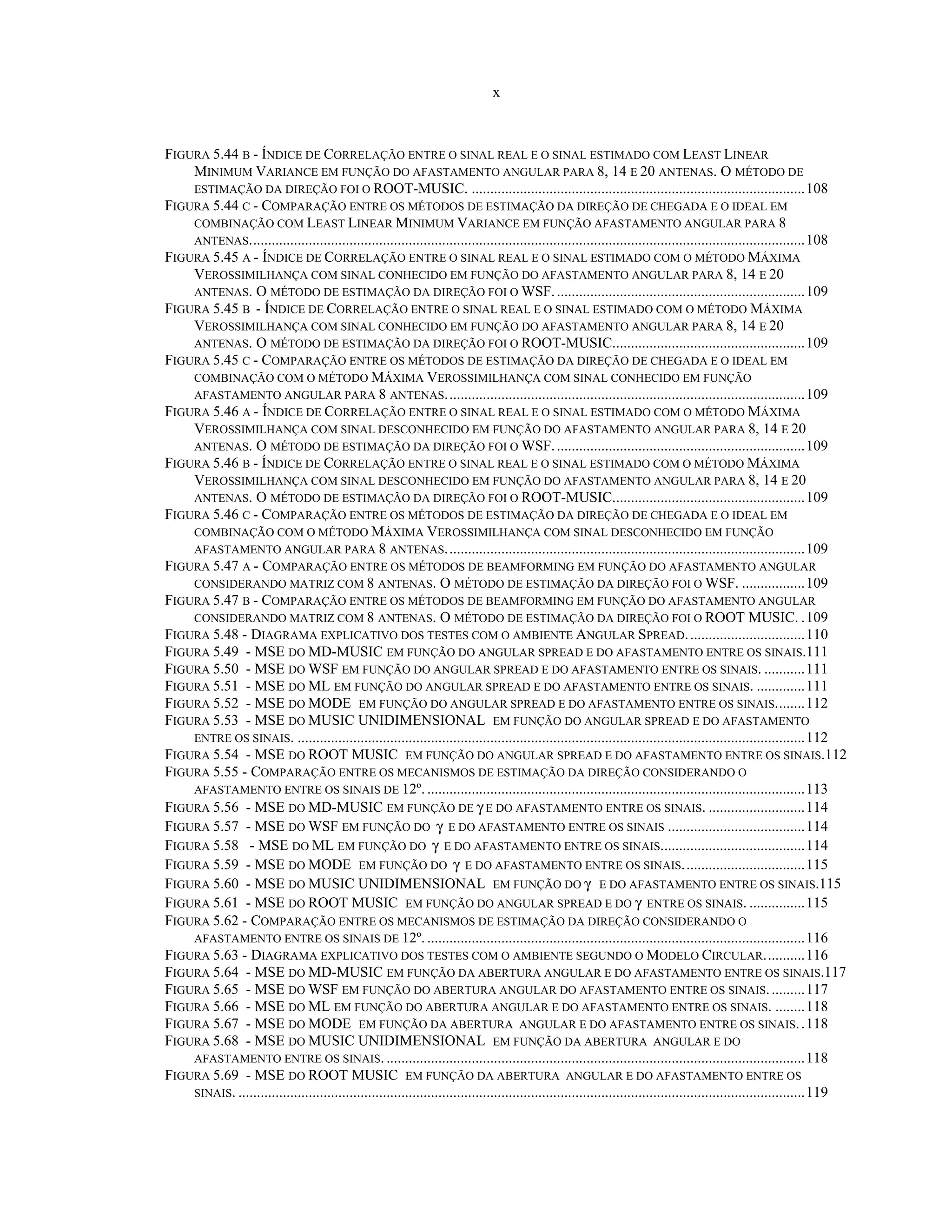 x
FIGURA 5.44 B - ÍNDICE DE CORRELAÇÃO ENTRE O SINAL REAL E O SINAL ESTIMADO COM LEAST LINEAR
MINIMUM VARIANCE EM FUNÇÃO DO AFASTAMENTO ANGULAR PARA 8, 14 E 20 ANTENAS. O MÉTODO DE
ESTIMAÇÃO DA DIREÇÃO FOI O ROOT-MUSIC. ..........................................................................................108
FIGURA 5.44 C - COMPARAÇÃO ENTRE OS MÉTODOS DE ESTIMAÇÃO DA DIREÇÃO DE CHEGADA E O IDEAL EM
COMBINAÇÃO COM LEAST LINEAR MINIMUM VARIANCE EM FUNÇÃO AFASTAMENTO ANGULAR PARA 8
ANTENAS......................................................................................................................................................108
FIGURA 5.45 A - ÍNDICE DE CORRELAÇÃO ENTRE O SINAL REAL E O SINAL ESTIMADO COM O MÉTODO MÁXIMA
VEROSSIMILHANÇA COM SINAL CONHECIDO EM FUNÇÃO DO AFASTAMENTO ANGULAR PARA 8, 14 E 20
ANTENAS. O MÉTODO DE ESTIMAÇÃO DA DIREÇÃO FOI O WSF....................................................................109
FIGURA 5.45 B - ÍNDICE DE CORRELAÇÃO ENTRE O SINAL REAL E O SINAL ESTIMADO COM O MÉTODO MÁXIMA
VEROSSIMILHANÇA COM SINAL CONHECIDO EM FUNÇÃO DO AFASTAMENTO ANGULAR PARA 8, 14 E 20
ANTENAS. O MÉTODO DE ESTIMAÇÃO DA DIREÇÃO FOI O ROOT-MUSIC....................................................109
FIGURA 5.45 C - COMPARAÇÃO ENTRE OS MÉTODOS DE ESTIMAÇÃO DA DIREÇÃO DE CHEGADA E O IDEAL EM
COMBINAÇÃO COM O MÉTODO MÁXIMA VEROSSIMILHANÇA COM SINAL CONHECIDO EM FUNÇÃO
AFASTAMENTO ANGULAR PARA 8 ANTENAS.................................................................................................109
FIGURA 5.46 A - ÍNDICE DE CORRELAÇÃO ENTRE O SINAL REAL E O SINAL ESTIMADO COM O MÉTODO MÁXIMA
VEROSSIMILHANÇA COM SINAL DESCONHECIDO EM FUNÇÃO DO AFASTAMENTO ANGULAR PARA 8, 14 E 20
ANTENAS. O MÉTODO DE ESTIMAÇÃO DA DIREÇÃO FOI O WSF....................................................................109
FIGURA 5.46 B - ÍNDICE DE CORRELAÇÃO ENTRE O SINAL REAL E O SINAL ESTIMADO COM O MÉTODO MÁXIMA
VEROSSIMILHANÇA COM SINAL DESCONHECIDO EM FUNÇÃO DO AFASTAMENTO ANGULAR PARA 8, 14 E 20
ANTENAS. O MÉTODO DE ESTIMAÇÃO DA DIREÇÃO FOI O ROOT-MUSIC....................................................109
FIGURA 5.46 C - COMPARAÇÃO ENTRE OS MÉTODOS DE ESTIMAÇÃO DA DIREÇÃO DE CHEGADA E O IDEAL EM
COMBINAÇÃO COM O MÉTODO MÁXIMA VEROSSIMILHANÇA COM SINAL DESCONHECIDO EM FUNÇÃO
AFASTAMENTO ANGULAR PARA 8 ANTENAS.................................................................................................109
FIGURA 5.47 A - COMPARAÇÃO ENTRE OS MÉTODOS DE BEAMFORMING EM FUNÇÃO DO AFASTAMENTO ANGULAR
CONSIDERANDO MATRIZ COM 8 ANTENAS. O MÉTODO DE ESTIMAÇÃO DA DIREÇÃO FOI O WSF. .................109
FIGURA 5.47 B - COMPARAÇÃO ENTRE OS MÉTODOS DE BEAMFORMING EM FUNÇÃO DO AFASTAMENTO ANGULAR
CONSIDERANDO MATRIZ COM 8 ANTENAS. O MÉTODO DE ESTIMAÇÃO DA DIREÇÃO FOI O ROOT MUSIC. .109
FIGURA 5.48 - DIAGRAMA EXPLICATIVO DOS TESTES COM O AMBIENTE ANGULAR SPREAD................................110
FIGURA 5.49 - MSE DO MD-MUSIC EM FUNÇÃO DO ANGULAR SPREAD E DO AFASTAMENTO ENTRE OS SINAIS.111
FIGURA 5.50 - MSE DO WSF EM FUNÇÃO DO ANGULAR SPREAD E DO AFASTAMENTO ENTRE OS SINAIS. ...........111
FIGURA 5.51 - MSE DO ML EM FUNÇÃO DO ANGULAR SPREAD E DO AFASTAMENTO ENTRE OS SINAIS. .............111
FIGURA 5.52 - MSE DO MODE EM FUNÇÃO DO ANGULAR SPREAD E DO AFASTAMENTO ENTRE OS SINAIS........112
FIGURA 5.53 - MSE DO MUSIC UNIDIMENSIONAL EM FUNÇÃO DO ANGULAR SPREAD E DO AFASTAMENTO
ENTRE OS SINAIS. .........................................................................................................................................112
FIGURA 5.54 - MSE DO ROOT MUSIC EM FUNÇÃO DO ANGULAR SPREAD E DO AFASTAMENTO ENTRE OS SINAIS.112
FIGURA 5.55 - COMPARAÇÃO ENTRE OS MECANISMOS DE ESTIMAÇÃO DA DIREÇÃO CONSIDERANDO O
AFASTAMENTO ENTRE OS SINAIS DE 12º. ......................................................................................................113
FIGURA 5.56 - MSE DO MD-MUSIC EM FUNÇÃO DE γ E DO AFASTAMENTO ENTRE OS SINAIS. ..........................114
FIGURA 5.57 - MSE DO WSF EM FUNÇÃO DO γ E DO AFASTAMENTO ENTRE OS SINAIS .....................................114
FIGURA 5.58 - MSE DO ML EM FUNÇÃO DO γ E DO AFASTAMENTO ENTRE OS SINAIS.......................................114
FIGURA 5.59 - MSE DO MODE EM FUNÇÃO DO γ E DO AFASTAMENTO ENTRE OS SINAIS.................................115
FIGURA 5.60 - MSE DO MUSIC UNIDIMENSIONAL EM FUNÇÃO DO γ E DO AFASTAMENTO ENTRE OS SINAIS.115
FIGURA 5.61 - MSE DO ROOT MUSIC EM FUNÇÃO DO ANGULAR SPREAD E DO γ ENTRE OS SINAIS. ...............115
FIGURA 5.62 - COMPARAÇÃO ENTRE OS MECANISMOS DE ESTIMAÇÃO DA DIREÇÃO CONSIDERANDO O
AFASTAMENTO ENTRE OS SINAIS DE 12º. ......................................................................................................116
FIGURA 5.63 - DIAGRAMA EXPLICATIVO DOS TESTES COM O AMBIENTE SEGUNDO O MODELO CIRCULAR...........116
FIGURA 5.64 - MSE DO MD-MUSIC EM FUNÇÃO DA ABERTURA ANGULAR E DO AFASTAMENTO ENTRE OS SINAIS.117
FIGURA 5.65 - MSE DO WSF EM FUNÇÃO DO ABERTURA ANGULAR DO AFASTAMENTO ENTRE OS SINAIS..........117
FIGURA 5.66 - MSE DO ML EM FUNÇÃO DO ABERTURA ANGULAR E DO AFASTAMENTO ENTRE OS SINAIS. ........118
FIGURA 5.67 - MSE DO MODE EM FUNÇÃO DA ABERTURA ANGULAR E DO AFASTAMENTO ENTRE OS SINAIS..118
FIGURA 5.68 - MSE DO MUSIC UNIDIMENSIONAL EM FUNÇÃO DA ABERTURA ANGULAR E DO
AFASTAMENTO ENTRE OS SINAIS. .................................................................................................................118
FIGURA 5.69 - MSE DO ROOT MUSIC EM FUNÇÃO DA ABERTURA ANGULAR E DO AFASTAMENTO ENTRE OS
SINAIS. .........................................................................................................................................................119
 