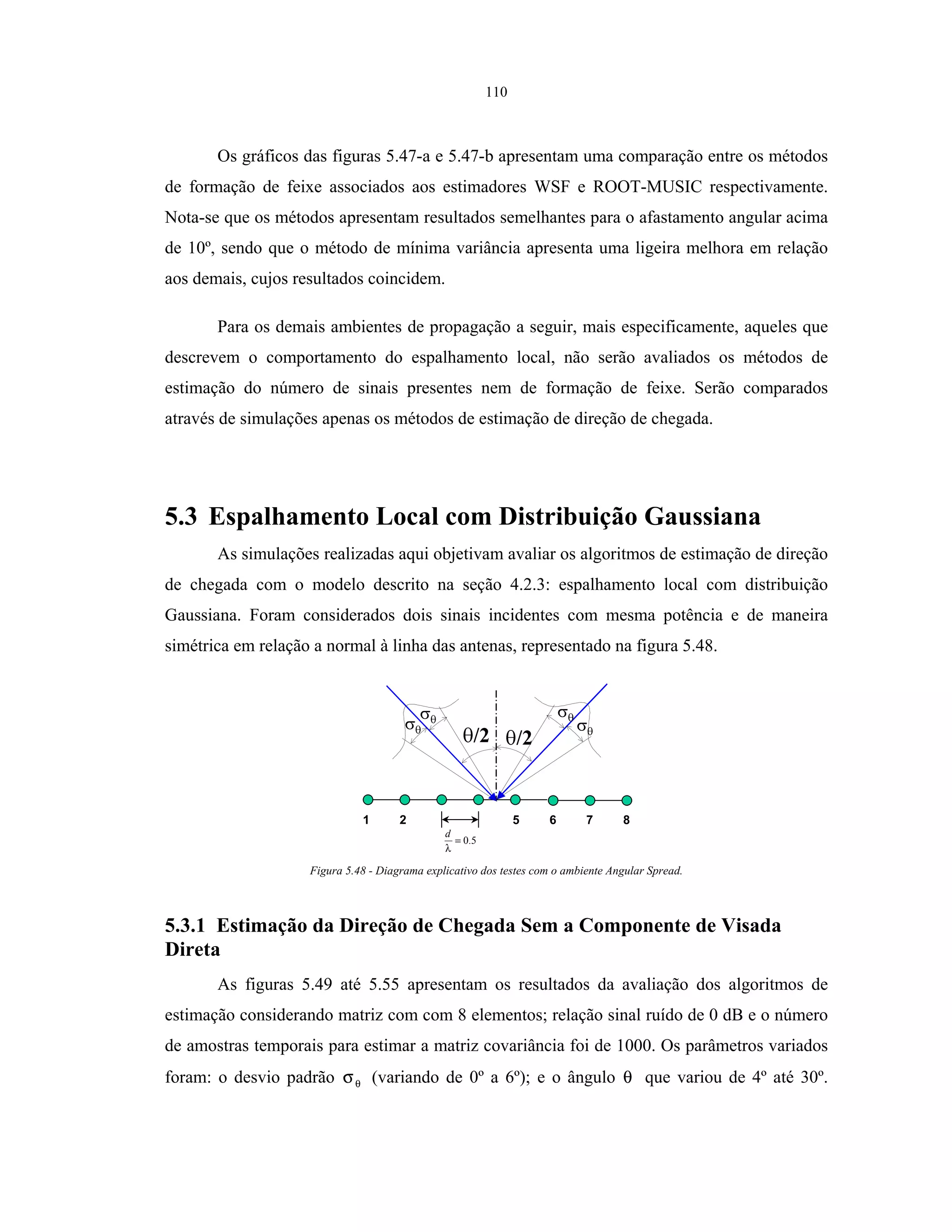 110
Os gráficos das figuras 5.47-a e 5.47-b apresentam uma comparação entre os métodos
de formação de feixe associados aos estimadores WSF e ROOT-MUSIC respectivamente.
Nota-se que os métodos apresentam resultados semelhantes para o afastamento angular acima
de 10º, sendo que o método de mínima variância apresenta uma ligeira melhora em relação
aos demais, cujos resultados coincidem.
Para os demais ambientes de propagação a seguir, mais especificamente, aqueles que
descrevem o comportamento do espalhamento local, não serão avaliados os métodos de
estimação do número de sinais presentes nem de formação de feixe. Serão comparados
através de simulações apenas os métodos de estimação de direção de chegada.
5.3 Espalhamento Local com Distribuição Gaussiana
As simulações realizadas aqui objetivam avaliar os algoritmos de estimação de direção
de chegada com o modelo descrito na seção 4.2.3: espalhamento local com distribuição
Gaussiana. Foram considerados dois sinais incidentes com mesma potência e de maneira
simétrica em relação a normal à linha das antenas, representado na figura 5.48.
1 2
5.0=
λ
d
5 6 7 8
/2/2
Figura 5.48 - Diagrama explicativo dos testes com o ambiente Angular Spread.
5.3.1 Estimação da Direção de Chegada Sem a Componente de Visada
Direta
As figuras 5.49 até 5.55 apresentam os resultados da avaliação dos algoritmos de
estimação considerando matriz com com 8 elementos; relação sinal ruído de 0 dB e o número
de amostras temporais para estimar a matriz covariância foi de 1000. Os parâmetros variados
foram: o desvio padrão θσ (variando de 0º a 6º); e o ângulo θ que variou de 4º até 30º.
 