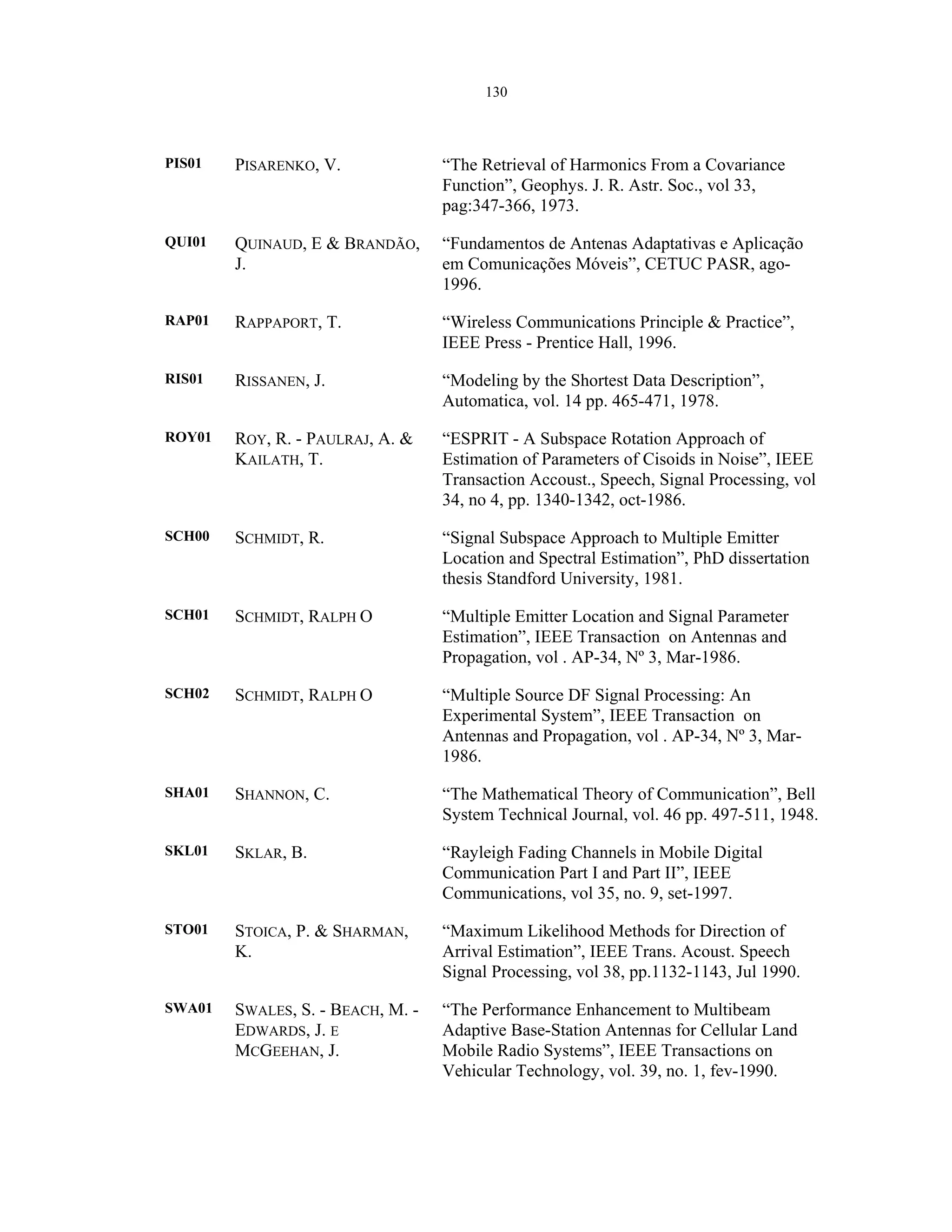 130
PIS01 PISARENKO, V. “The Retrieval of Harmonics From a Covariance
Function”, Geophys. J. R. Astr. Soc., vol 33,
pag:347-366, 1973.
QUI01 QUINAUD, E & BRANDÃO,
J.
“Fundamentos de Antenas Adaptativas e Aplicação
em Comunicações Móveis”, CETUC PASR, ago-
1996.
RAP01 RAPPAPORT, T. “Wireless Communications Principle & Practice”,
IEEE Press - Prentice Hall, 1996.
RIS01 RISSANEN, J. “Modeling by the Shortest Data Description”,
Automatica, vol. 14 pp. 465-471, 1978.
ROY01 ROY, R. - PAULRAJ, A. &
KAILATH, T.
“ESPRIT - A Subspace Rotation Approach of
Estimation of Parameters of Cisoids in Noise”, IEEE
Transaction Accoust., Speech, Signal Processing, vol
34, no 4, pp. 1340-1342, oct-1986.
SCH00 SCHMIDT, R. “Signal Subspace Approach to Multiple Emitter
Location and Spectral Estimation”, PhD dissertation
thesis Standford University, 1981.
SCH01 SCHMIDT, RALPH O “Multiple Emitter Location and Signal Parameter
Estimation”, IEEE Transaction on Antennas and
Propagation, vol . AP-34, Nº 3, Mar-1986.
SCH02 SCHMIDT, RALPH O “Multiple Source DF Signal Processing: An
Experimental System”, IEEE Transaction on
Antennas and Propagation, vol . AP-34, Nº 3, Mar-
1986.
SHA01 SHANNON, C. “The Mathematical Theory of Communication”, Bell
System Technical Journal, vol. 46 pp. 497-511, 1948.
SKL01 SKLAR, B. “Rayleigh Fading Channels in Mobile Digital
Communication Part I and Part II”, IEEE
Communications, vol 35, no. 9, set-1997.
STO01 STOICA, P. & SHARMAN,
K.
“Maximum Likelihood Methods for Direction of
Arrival Estimation”, IEEE Trans. Acoust. Speech
Signal Processing, vol 38, pp.1132-1143, Jul 1990.
SWA01 SWALES, S. - BEACH, M. -
EDWARDS, J. E
MCGEEHAN, J.
“The Performance Enhancement to Multibeam
Adaptive Base-Station Antennas for Cellular Land
Mobile Radio Systems”, IEEE Transactions on
Vehicular Technology, vol. 39, no. 1, fev-1990.
 