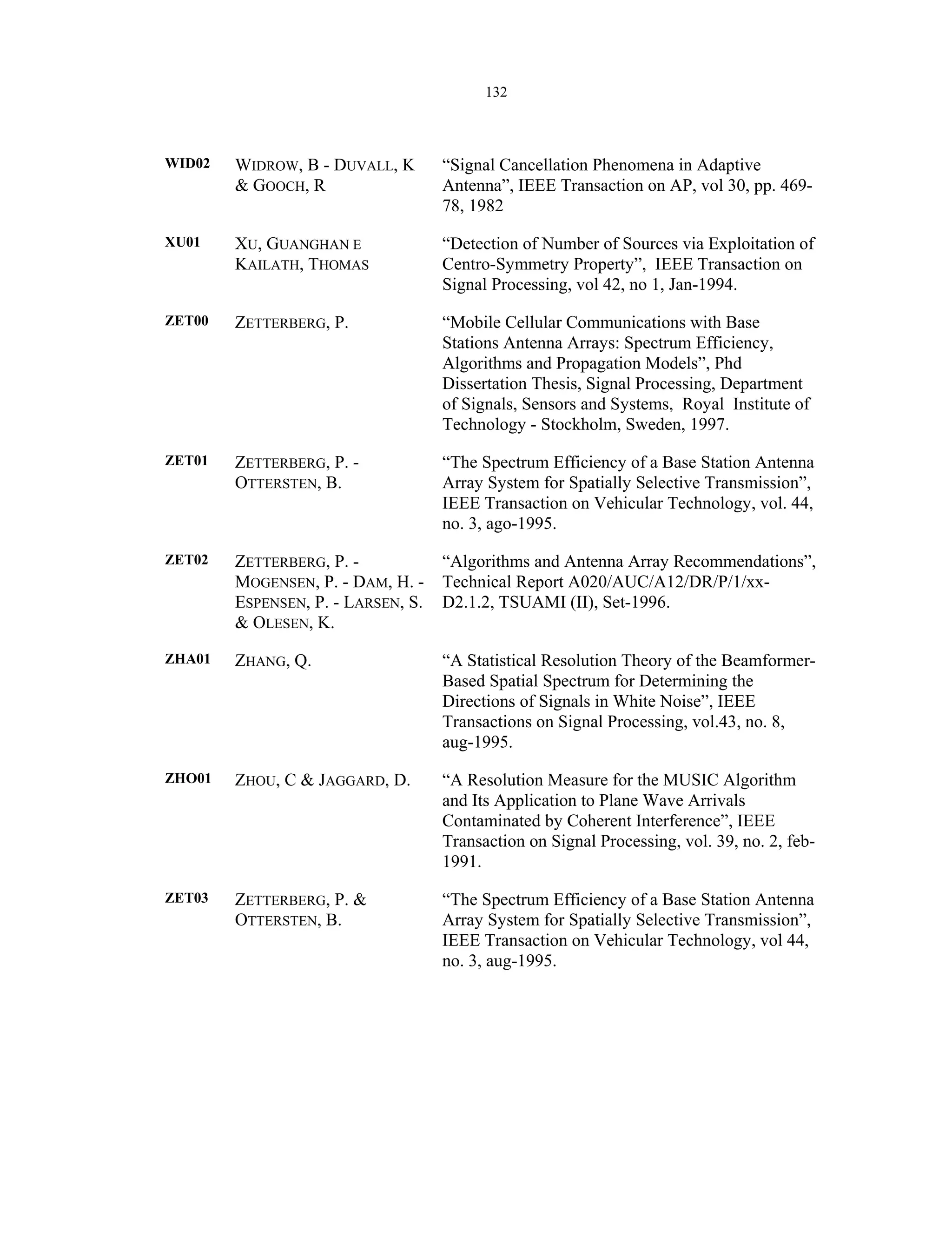 132
WID02 WIDROW, B - DUVALL, K
& GOOCH, R
“Signal Cancellation Phenomena in Adaptive
Antenna”, IEEE Transaction on AP, vol 30, pp. 469-
78, 1982
XU01 XU, GUANGHAN E
KAILATH, THOMAS
“Detection of Number of Sources via Exploitation of
Centro-Symmetry Property”, IEEE Transaction on
Signal Processing, vol 42, no 1, Jan-1994.
ZET00 ZETTERBERG, P. “Mobile Cellular Communications with Base
Stations Antenna Arrays: Spectrum Efficiency,
Algorithms and Propagation Models”, Phd
Dissertation Thesis, Signal Processing, Department
of Signals, Sensors and Systems, Royal Institute of
Technology - Stockholm, Sweden, 1997.
ZET01 ZETTERBERG, P. -
OTTERSTEN, B.
“The Spectrum Efficiency of a Base Station Antenna
Array System for Spatially Selective Transmission”,
IEEE Transaction on Vehicular Technology, vol. 44,
no. 3, ago-1995.
ZET02 ZETTERBERG, P. -
MOGENSEN, P. - DAM, H. -
ESPENSEN, P. - LARSEN, S.
& OLESEN, K.
“Algorithms and Antenna Array Recommendations”,
Technical Report A020/AUC/A12/DR/P/1/xx-
D2.1.2, TSUAMI (II), Set-1996.
ZHA01 ZHANG, Q. “A Statistical Resolution Theory of the Beamformer-
Based Spatial Spectrum for Determining the
Directions of Signals in White Noise”, IEEE
Transactions on Signal Processing, vol.43, no. 8,
aug-1995.
ZHO01 ZHOU, C & JAGGARD, D. “A Resolution Measure for the MUSIC Algorithm
and Its Application to Plane Wave Arrivals
Contaminated by Coherent Interference”, IEEE
Transaction on Signal Processing, vol. 39, no. 2, feb-
1991.
ZET03 ZETTERBERG, P. &
OTTERSTEN, B.
“The Spectrum Efficiency of a Base Station Antenna
Array System for Spatially Selective Transmission”,
IEEE Transaction on Vehicular Technology, vol 44,
no. 3, aug-1995.
 