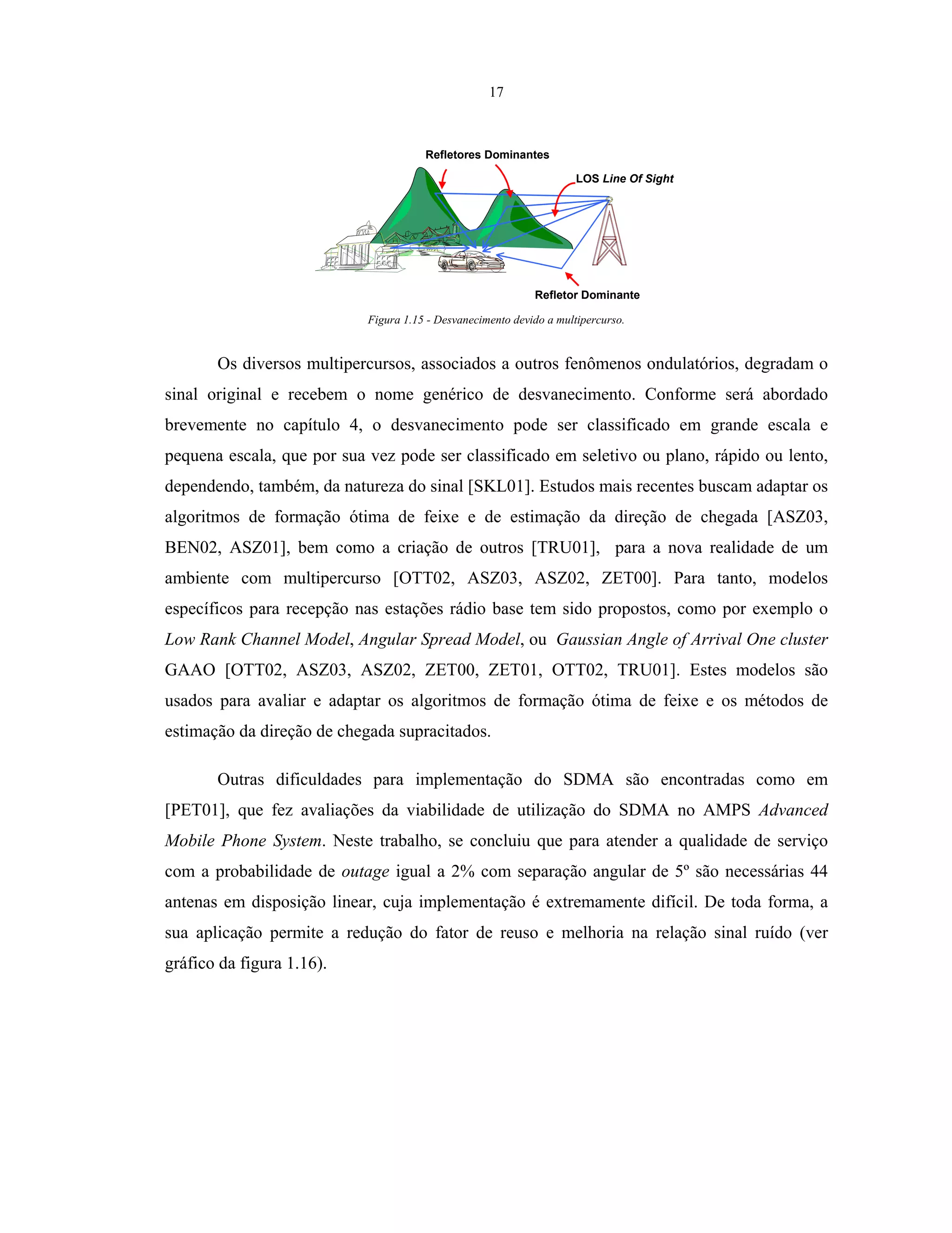17
LOS Line Of Sight
Refletores Dominantes
Refletor Dominante
Figura 1.15 - Desvanecimento devido a multipercurso.
Os diversos multipercursos, associados a outros fenômenos ondulatórios, degradam o
sinal original e recebem o nome genérico de desvanecimento. Conforme será abordado
brevemente no capítulo 4, o desvanecimento pode ser classificado em grande escala e
pequena escala, que por sua vez pode ser classificado em seletivo ou plano, rápido ou lento,
dependendo, também, da natureza do sinal [SKL01]. Estudos mais recentes buscam adaptar os
algoritmos de formação ótima de feixe e de estimação da direção de chegada [ASZ03,
BEN02, ASZ01], bem como a criação de outros [TRU01], para a nova realidade de um
ambiente com multipercurso [OTT02, ASZ03, ASZ02, ZET00]. Para tanto, modelos
específicos para recepção nas estações rádio base tem sido propostos, como por exemplo o
Low Rank Channel Model, Angular Spread Model, ou Gaussian Angle of Arrival One cluster
GAAO [OTT02, ASZ03, ASZ02, ZET00, ZET01, OTT02, TRU01]. Estes modelos são
usados para avaliar e adaptar os algoritmos de formação ótima de feixe e os métodos de
estimação da direção de chegada supracitados.
Outras dificuldades para implementação do SDMA são encontradas como em
[PET01], que fez avaliações da viabilidade de utilização do SDMA no AMPS Advanced
Mobile Phone System. Neste trabalho, se concluiu que para atender a qualidade de serviço
com a probabilidade de outage igual a 2% com separação angular de 5º são necessárias 44
antenas em disposição linear, cuja implementação é extremamente difícil. De toda forma, a
sua aplicação permite a redução do fator de reuso e melhoria na relação sinal ruído (ver
gráfico da figura 1.16).
 