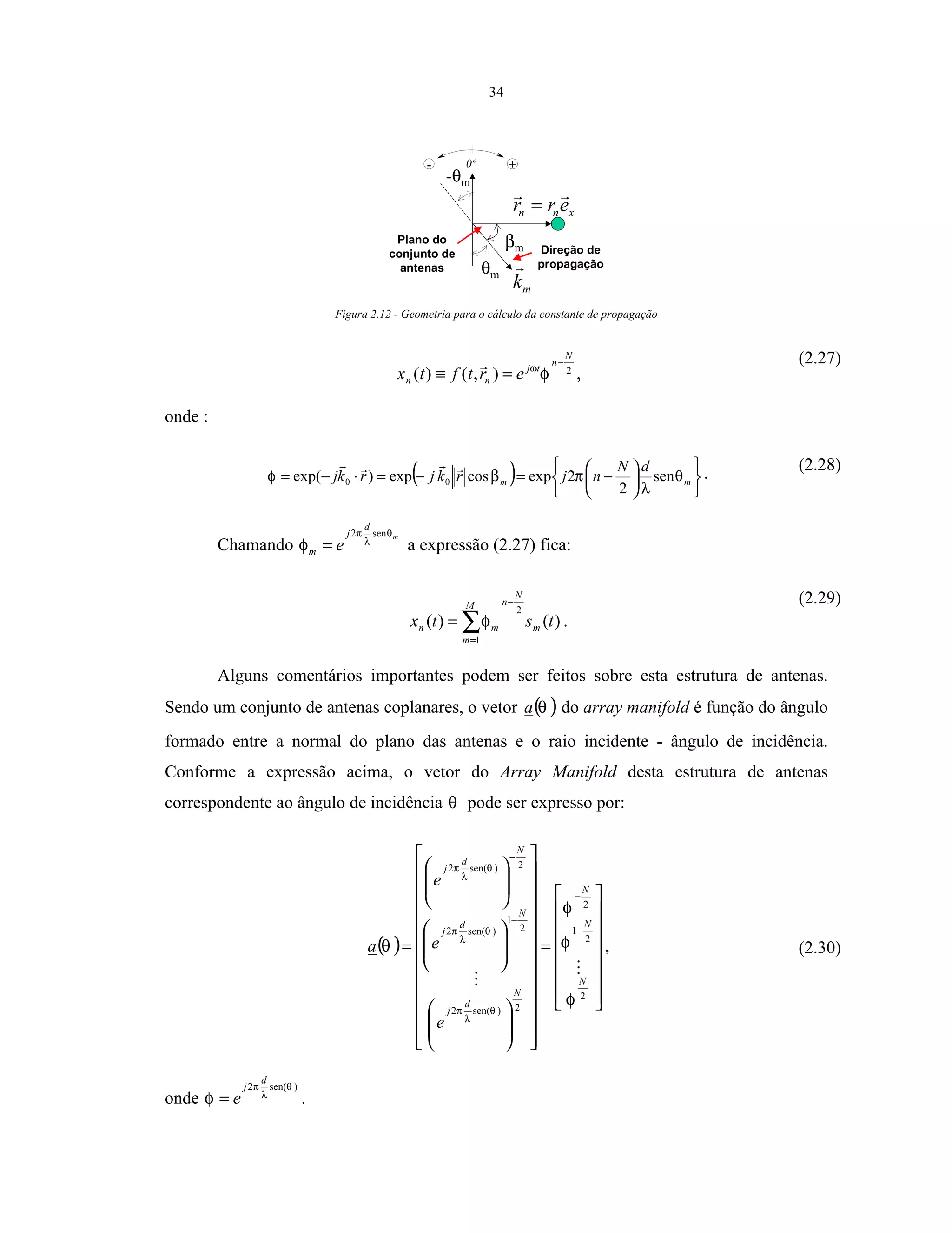 34
mk
θm
βm
xnn err =
Direção de
propagação
Plano do
conjunto de
antenas
-θm
- +0º
Figura 2.12 - Geometria para o cálculo da constante de propagação
2
),()(
N
n
tj
nn ertftx
−
=≡ φω
,
(2.27)
onde :
( )












−=−=⋅−= mm
dN
njrkjrkj θ
λ
πβφ sen
2
2expcosexp)exp( 00
. (2.28)
Chamando
m
d
j
m e
θ
λ
π
φ
sen2
= a expressão (2.27) fica:
)()(
2
1
tstx m
N
nM
m
mn
−
=
∑= φ .
(2.29)
Alguns comentários importantes podem ser feitos sobre esta estrutura de antenas.
Sendo um conjunto de antenas coplanares, o vetor ( )θa do array manifold é função do ângulo
formado entre a normal do plano das antenas e o raio incidente - ângulo de incidência.
Conforme a expressão acima, o vetor do Array Manifold desta estrutura de antenas
correspondente ao ângulo de incidência θ pode ser expresso por:
( )
















=


















































=
−
−
−
−
2
2
1
2
2)sen(2
2
1
)sen(2
2)sen(2
N
N
N
N
d
j
N
d
j
N
d
j
e
e
e
a
φ
φ
φ
θ
θ
λ
π
θ
λ
π
θ
λ
π
, (2.30)
onde
)sen(2 θ
λ
π
φ
d
j
e= .
 