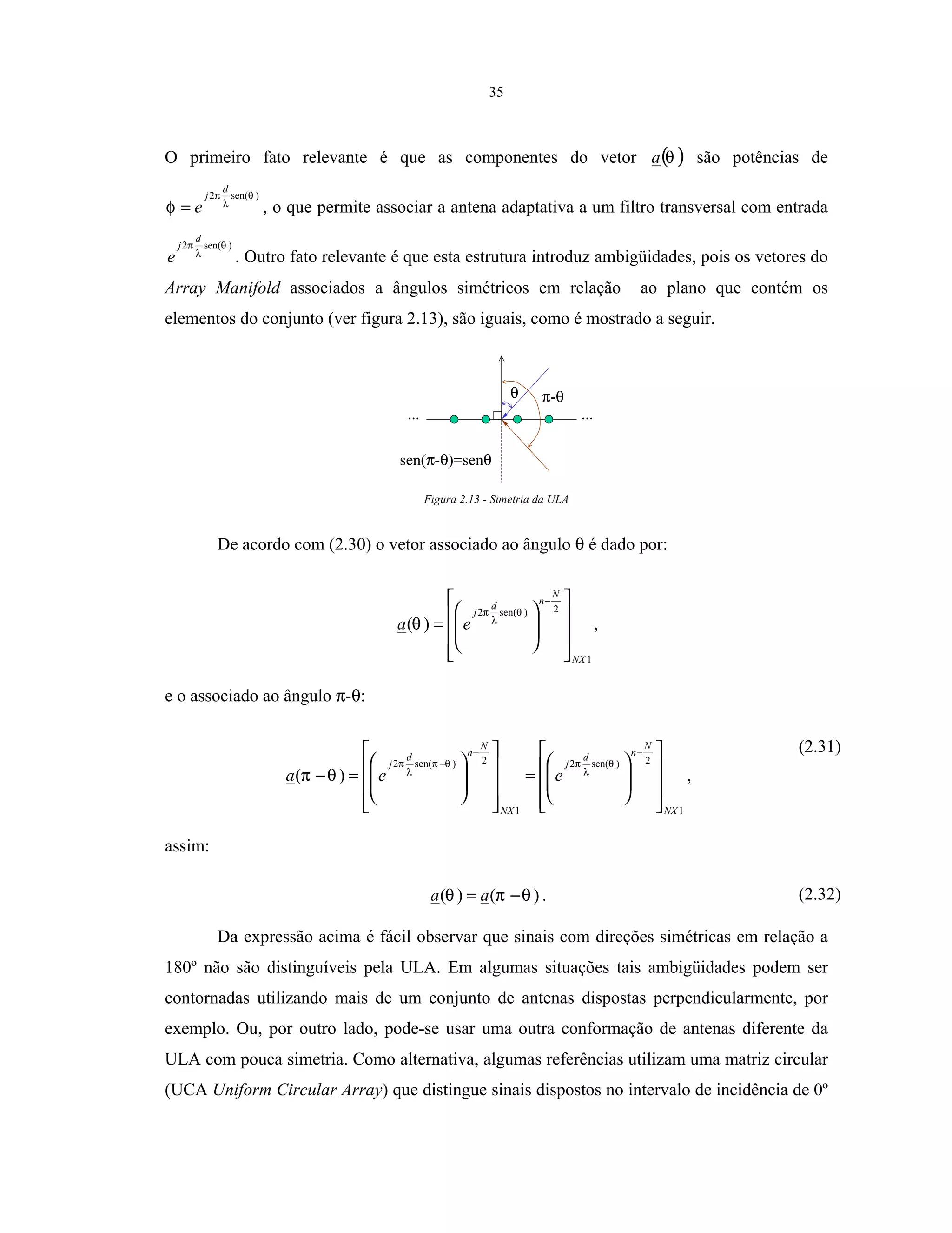 35
O primeiro fato relevante é que as componentes do vetor ( )θa são potências de
)sen(2 θ
λ
π
φ
d
j
e= , o que permite associar a antena adaptativa a um filtro transversal com entrada
)sen(2 θ
λ
π
d
j
e . Outro fato relevante é que esta estrutura introduz ambigüidades, pois os vetores do
Array Manifold associados a ângulos simétricos em relação ao plano que contém os
elementos do conjunto (ver figura 2.13), são iguais, como é mostrado a seguir.
θ π-θ
......
sen(π-θ)=senθ
Figura 2.13 - Simetria da ULA
De acordo com (2.30) o vetor associado ao ângulo θ é dado por:
1
2)sen(2
)(
NX
N
nd
j
ea


















=
−
θ
λ
π
θ ,
e o associado ao ângulo π-θ:
1
2)sen(2
1
2)sen(2
)(
NX
N
nd
j
NX
N
nd
j
eea


















=


















=−
−−
− θ
λ
πθπ
λ
π
θπ ,
(2.31)
assim:
)()( θπθ −= aa . (2.32)
Da expressão acima é fácil observar que sinais com direções simétricas em relação a
180º não são distinguíveis pela ULA. Em algumas situações tais ambigüidades podem ser
contornadas utilizando mais de um conjunto de antenas dispostas perpendicularmente, por
exemplo. Ou, por outro lado, pode-se usar uma outra conformação de antenas diferente da
ULA com pouca simetria. Como alternativa, algumas referências utilizam uma matriz circular
(UCA Uniform Circular Array) que distingue sinais dispostos no intervalo de incidência de 0º
 