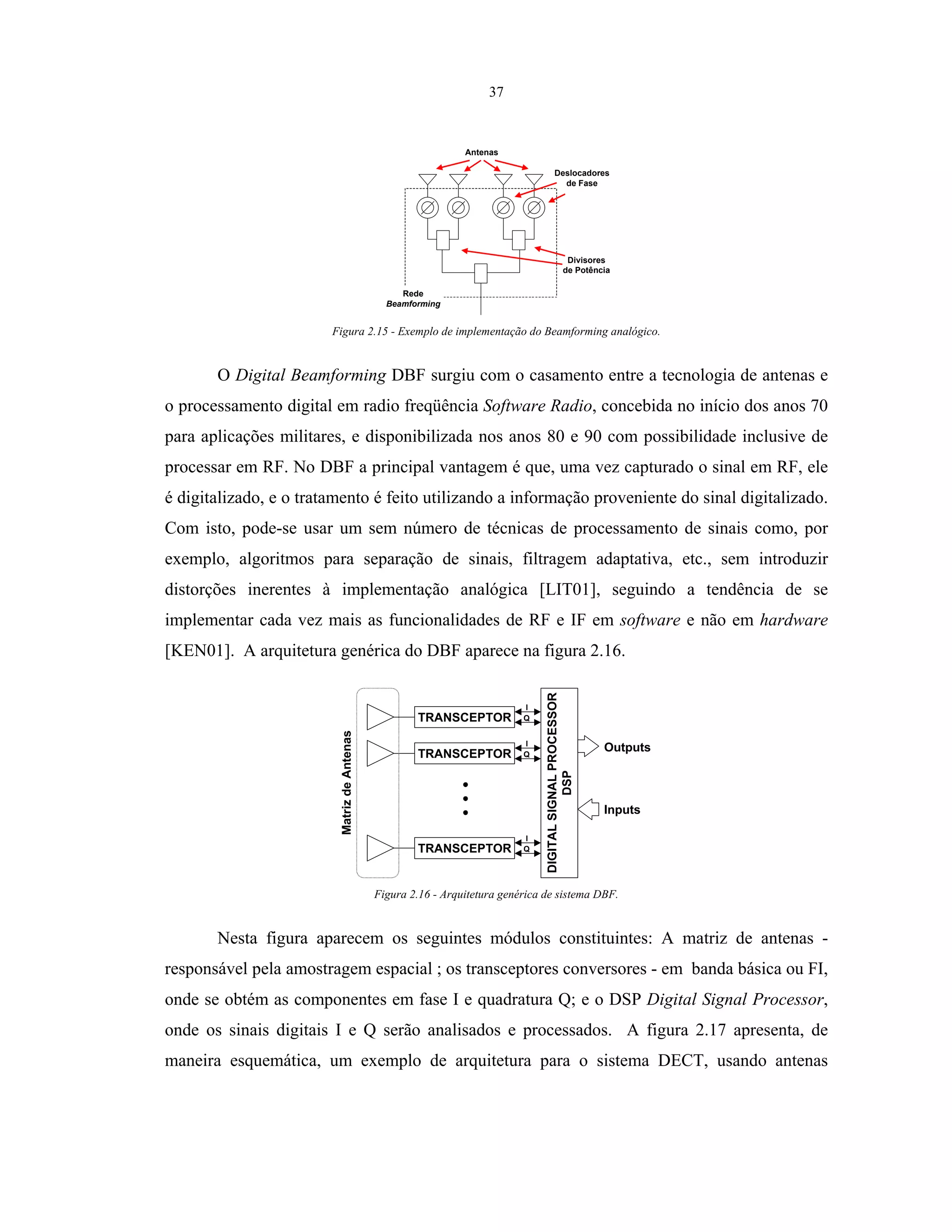 37
Antenas
Deslocadores
de Fase
Divisores
de Potência
Rede
Beamforming
Figura 2.15 - Exemplo de implementação do Beamforming analógico.
O Digital Beamforming DBF surgiu com o casamento entre a tecnologia de antenas e
o processamento digital em radio freqüência Software Radio, concebida no início dos anos 70
para aplicações militares, e disponibilizada nos anos 80 e 90 com possibilidade inclusive de
processar em RF. No DBF a principal vantagem é que, uma vez capturado o sinal em RF, ele
é digitalizado, e o tratamento é feito utilizando a informação proveniente do sinal digitalizado.
Com isto, pode-se usar um sem número de técnicas de processamento de sinais como, por
exemplo, algoritmos para separação de sinais, filtragem adaptativa, etc., sem introduzir
distorções inerentes à implementação analógica [LIT01], seguindo a tendência de se
implementar cada vez mais as funcionalidades de RF e IF em software e não em hardware
[KEN01]. A arquitetura genérica do DBF aparece na figura 2.16.
DIGITALSIGNALPROCESSOR
DSP
TRANSCEPTOR
I
Q
TRANSCEPTOR
I
Q
TRANSCEPTOR
I
Q
Outputs
Inputs
MatrizdeAntenas
Figura 2.16 - Arquitetura genérica de sistema DBF.
Nesta figura aparecem os seguintes módulos constituintes: A matriz de antenas -
responsável pela amostragem espacial ; os transceptores conversores - em banda básica ou FI,
onde se obtém as componentes em fase I e quadratura Q; e o DSP Digital Signal Processor,
onde os sinais digitais I e Q serão analisados e processados. A figura 2.17 apresenta, de
maneira esquemática, um exemplo de arquitetura para o sistema DECT, usando antenas
 