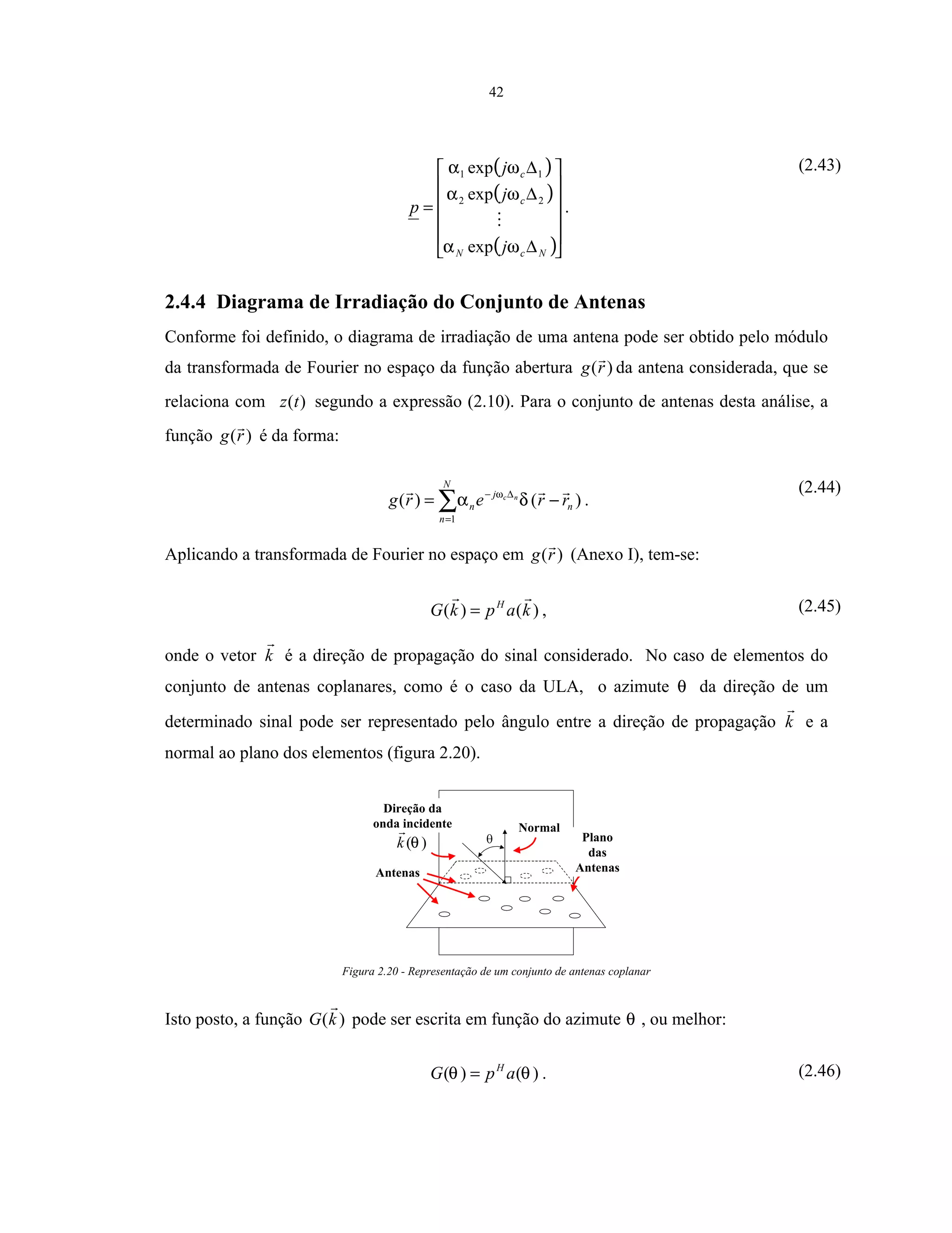 42
( )
( )
( )











∆
∆
∆
=
NcN
c
c
j
j
j
p
ωα
ωα
ωα
exp
exp
exp
22
11
.
(2.43)
2.4.4 Diagrama de Irradiação do Conjunto de Antenas
Conforme foi definido, o diagrama de irradiação de uma antena pode ser obtido pelo módulo
da transformada de Fourier no espaço da função abertura )(rg da antena considerada, que se
relaciona com )(tz segundo a expressão (2.10). Para o conjunto de antenas desta análise, a
função )(rg é da forma:
∑=
∆−
−=
N
n
n
j
n rrerg nc
1
)()( δα ω
.
(2.44)
Aplicando a transformada de Fourier no espaço em )(rg (Anexo I), tem-se:
)()( kapkG H
= , (2.45)
onde o vetor k é a direção de propagação do sinal considerado. No caso de elementos do
conjunto de antenas coplanares, como é o caso da ULA, o azimute θ da direção de um
determinado sinal pode ser representado pelo ângulo entre a direção de propagação k e a
normal ao plano dos elementos (figura 2.20).
Antenas
)(θk
Normal
Direção da
onda incidente
Plano
das
Antenas
Figura 2.20 - Representação de um conjunto de antenas coplanar
Isto posto, a função )(kG pode ser escrita em função do azimute θ , ou melhor:
)()( θθ apG H
= . (2.46)
 