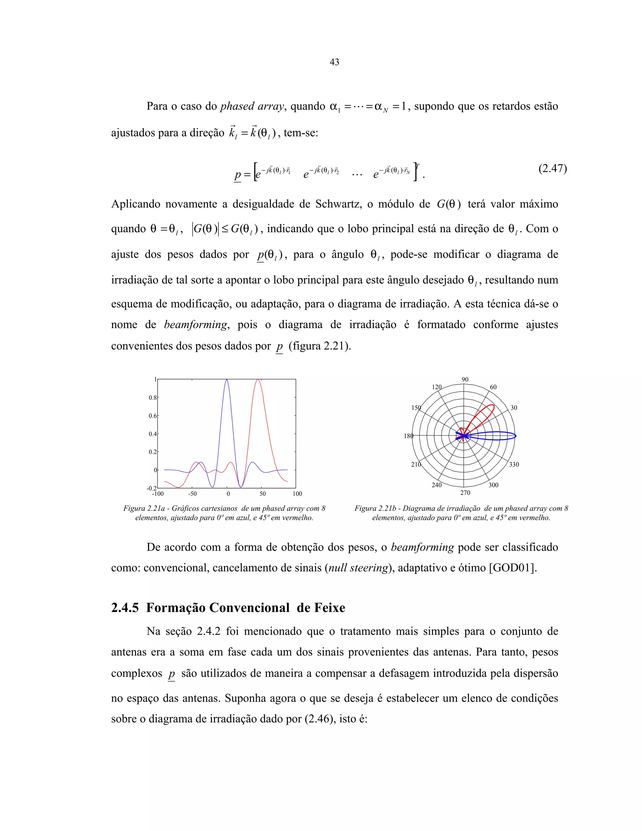 43
Para o caso do phased array, quando 11 === Nαα , supondo que os retardos estão
ajustados para a direção )( ll kk θ= , tem-se:
[ ]T
rkjrkjrkj Nlll
eeep ⋅−⋅−⋅−
= )()()( 21 θθθ
. (2.47)
Aplicando novamente a desigualdade de Schwartz, o módulo de )(θG terá valor máximo
quando lθθ = , )()( lGG θθ ≤ , indicando que o lobo principal está na direção de lθ . Com o
ajuste dos pesos dados por )( lp θ , para o ângulo lθ , pode-se modificar o diagrama de
irradiação de tal sorte a apontar o lobo principal para este ângulo desejado lθ , resultando num
esquema de modificação, ou adaptação, para o diagrama de irradiação. A esta técnica dá-se o
nome de beamforming, pois o diagrama de irradiação é formatado conforme ajustes
convenientes dos pesos dados por p (figura 2.21).
-100 -50 0 50 100
-0.2
0
0.2
0.4
0.6
0.8
1
30
210
60
240
90
270
120
300
150
330
180
Figura 2.21a - Gráficos cartesianos de um phased array com 8
elementos, ajustado para 0º em azul, e 45º em vermelho.
Figura 2.21b - Diagrama de irradiação de um phased array com 8
elementos, ajustado para 0º em azul, e 45º em vermelho.
De acordo com a forma de obtenção dos pesos, o beamforming pode ser classificado
como: convencional, cancelamento de sinais (null steering), adaptativo e ótimo [GOD01].
2.4.5 Formação Convencional de Feixe
Na seção 2.4.2 foi mencionado que o tratamento mais simples para o conjunto de
antenas era a soma em fase cada um dos sinais provenientes das antenas. Para tanto, pesos
complexos p são utilizados de maneira a compensar a defasagem introduzida pela dispersão
no espaço das antenas. Suponha agora o que se deseja é estabelecer um elenco de condições
sobre o diagrama de irradiação dado por (2.46), isto é:
 