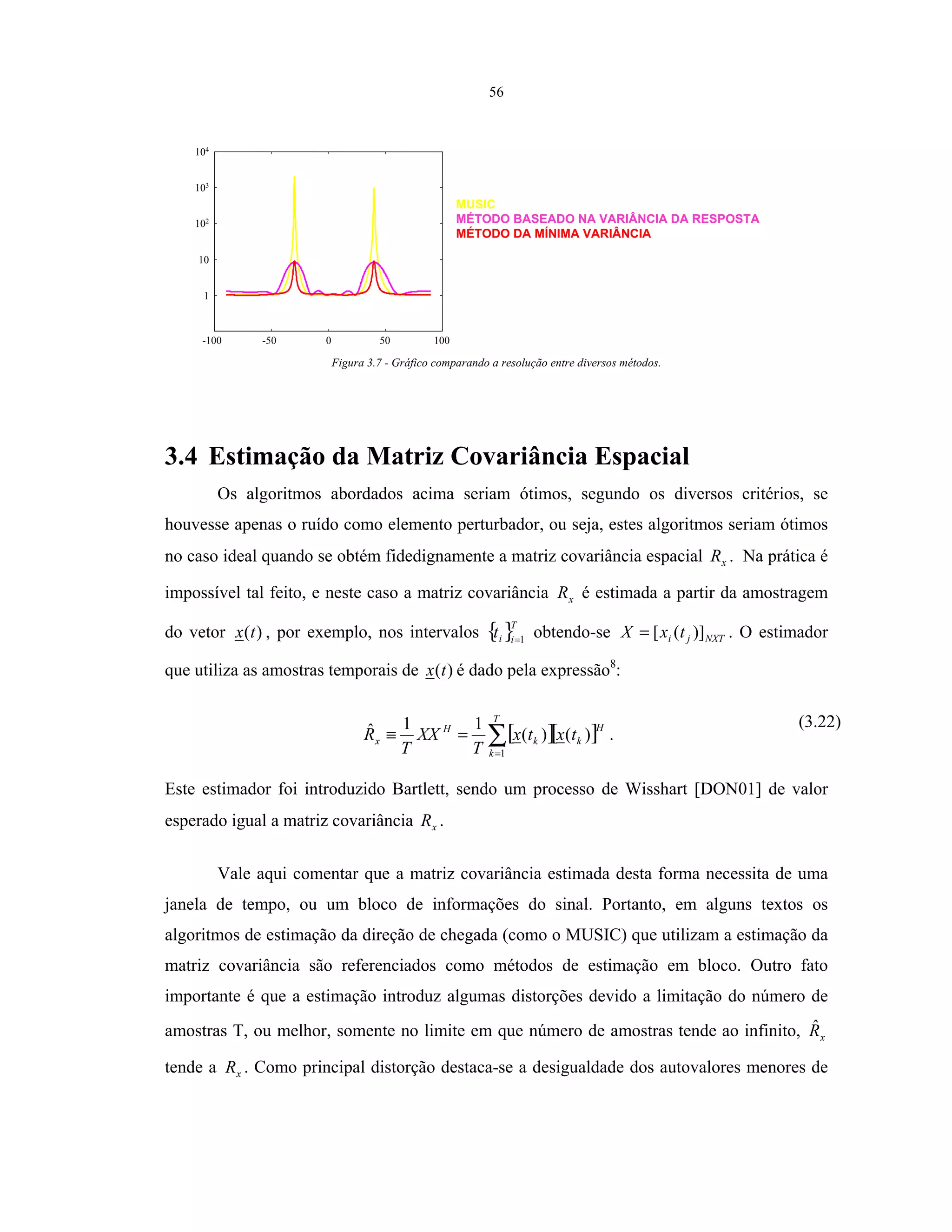56
-100 -50 0 50 100
1
10
102
103
104
MUSIC
MÉTODO BASEADO NA VARIÂNCIA DA RESPOSTA
MÉTODO DA MÍNIMA VARIÂNCIA
Figura 3.7 - Gráfico comparando a resolução entre diversos métodos.
3.4 Estimação da Matriz Covariância Espacial
Os algoritmos abordados acima seriam ótimos, segundo os diversos critérios, se
houvesse apenas o ruído como elemento perturbador, ou seja, estes algoritmos seriam ótimos
no caso ideal quando se obtém fidedignamente a matriz covariância espacial xR . Na prática é
impossível tal feito, e neste caso a matriz covariância xR é estimada a partir da amostragem
do vetor )(tx , por exemplo, nos intervalos { }T
iit 1=
obtendo-se NXTji txX )]([= . O estimador
que utiliza as amostras temporais de )(tx é dado pela expressão8
:
[ ][ ]∑=
=≡
T
k
H
kk
H
x txtx
T
XX
T
R
1
)()(
11ˆ .
(3.22)
Este estimador foi introduzido Bartlett, sendo um processo de Wisshart [DON01] de valor
esperado igual a matriz covariância xR .
Vale aqui comentar que a matriz covariância estimada desta forma necessita de uma
janela de tempo, ou um bloco de informações do sinal. Portanto, em alguns textos os
algoritmos de estimação da direção de chegada (como o MUSIC) que utilizam a estimação da
matriz covariância são referenciados como métodos de estimação em bloco. Outro fato
importante é que a estimação introduz algumas distorções devido a limitação do número de
amostras T, ou melhor, somente no limite em que número de amostras tende ao infinito, xRˆ
tende a xR . Como principal distorção destaca-se a desigualdade dos autovalores menores de
 