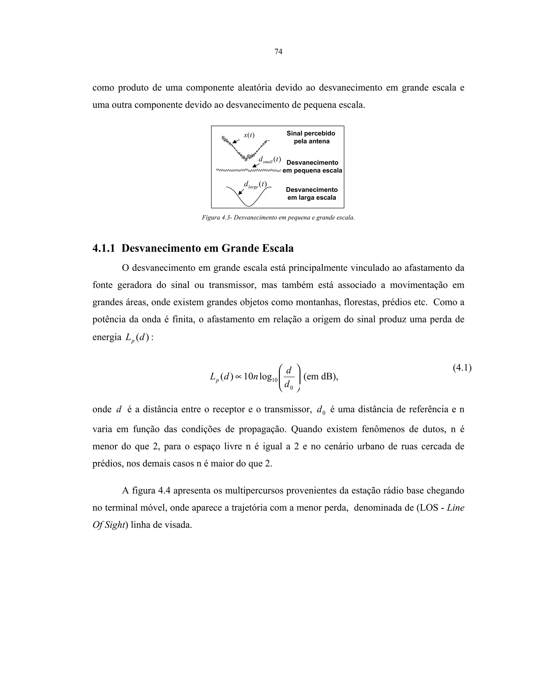 74
como produto de uma componente aleatória devido ao desvanecimento em grande escala e
uma outra componente devido ao desvanecimento de pequena escala.
)(tx
)(tdsmall
)(tdlarge
Sinal percebido
pela antena
Desvanecimento
em pequena escala
Desvanecimento
em larga escala
Figura 4.3- Desvanecimento em pequena e grande escala.
4.1.1 Desvanecimento em Grande Escala
O desvanecimento em grande escala está principalmente vinculado ao afastamento da
fonte geradora do sinal ou transmissor, mas também está associado a movimentação em
grandes áreas, onde existem grandes objetos como montanhas, florestas, prédios etc. Como a
potência da onda é finita, o afastamento em relação a origem do sinal produz uma perda de
energia )(dLp :






∝
0
10log10)(
d
d
ndLp (em dB),
(4.1)
onde d é a distância entre o receptor e o transmissor, 0d é uma distância de referência e n
varia em função das condições de propagação. Quando existem fenômenos de dutos, n é
menor do que 2, para o espaço livre n é igual a 2 e no cenário urbano de ruas cercada de
prédios, nos demais casos n é maior do que 2.
A figura 4.4 apresenta os multipercursos provenientes da estação rádio base chegando
no terminal móvel, onde aparece a trajetória com a menor perda, denominada de (LOS - Line
Of Sight) linha de visada.
 
