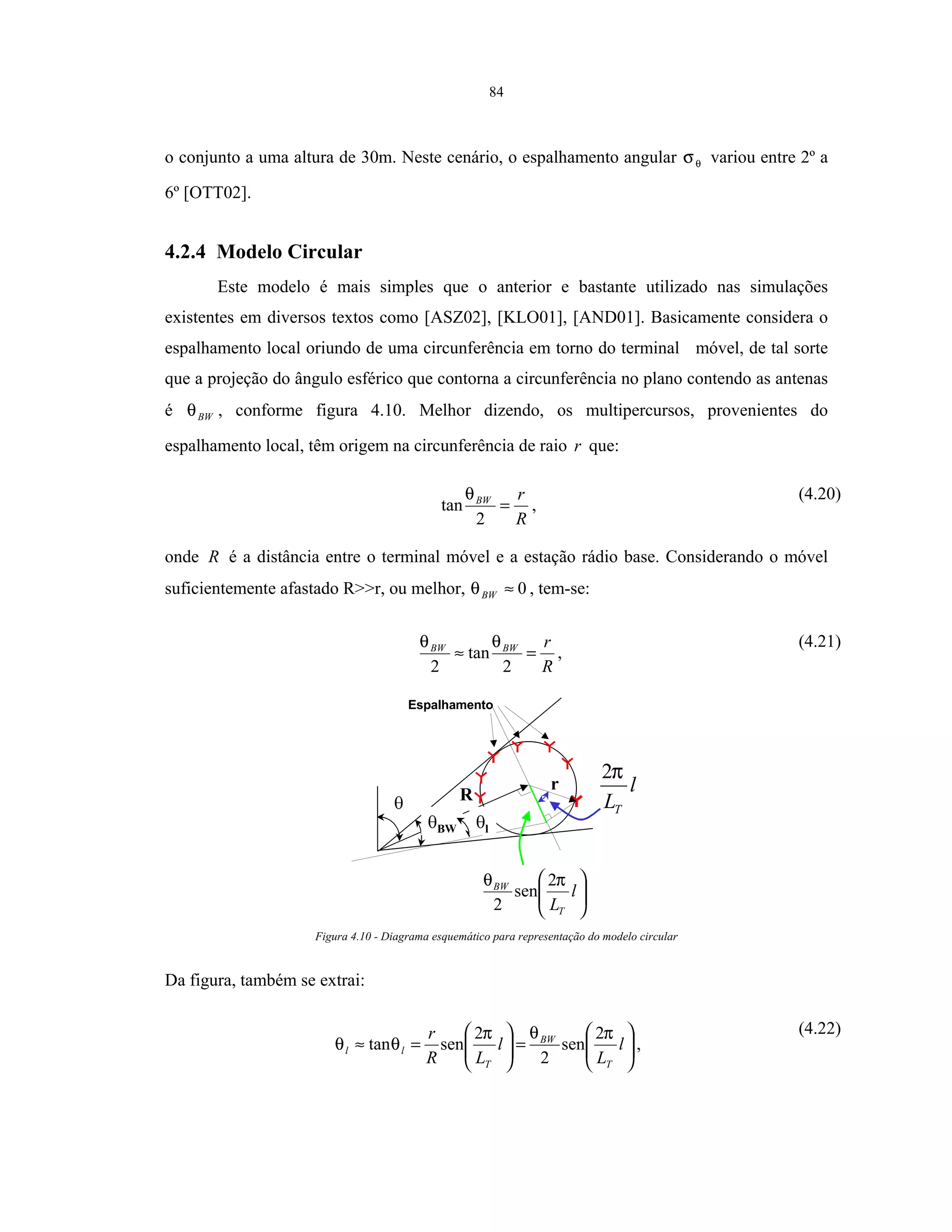 84
o conjunto a uma altura de 30m. Neste cenário, o espalhamento angular θσ variou entre 2º a
6º [OTT02].
4.2.4 Modelo Circular
Este modelo é mais simples que o anterior e bastante utilizado nas simulações
existentes em diversos textos como [ASZ02], [KLO01], [AND01]. Basicamente considera o
espalhamento local oriundo de uma circunferência em torno do terminal móvel, de tal sorte
que a projeção do ângulo esférico que contorna a circunferência no plano contendo as antenas
é BWθ , conforme figura 4.10. Melhor dizendo, os multipercursos, provenientes do
espalhamento local, têm origem na circunferência de raio r que:
R
rBW
=
2
tan
θ
,
(4.20)
onde R é a distância entre o terminal móvel e a estação rádio base. Considerando o móvel
suficientemente afastado R>>r, ou melhor, 0≈BWθ , tem-se:
R
rBWBW
=≈
2
tan
2
θθ
,
(4.21)






l
LT
BW πθ 2
sen
2
BW
R
r
Espalhamento
l
l
LT
π2
Figura 4.10 - Diagrama esquemático para representação do modelo circular
Da figura, também se extrai:






=





=≈ l
L
l
LR
r
T
BW
T
ll
πθπ
θθ
2
sen
2
2
sentan ,
(4.22)
 