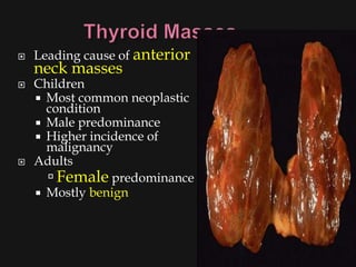    Leading cause of anterior
    neck masses
   Children
     Most common neoplastic
      condition
     Male predominance
     Higher incidence of
      malignancy
   Adults
       Female predominance
     Mostly benign
 