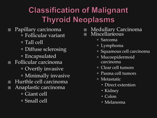    Papillary carcinoma         Medullary Carcinoma
       Follicular variant      Miscellaneous
                                    Sarcoma
       Tall cell
                                    Lymphoma
       Diffuse sclerosing          Squamous cell carcinoma
       Encapsulated                Mucoepidermoid
   Follicular carcinoma             carcinoma
       Overtly invasive            Clear cell tumors
                                    Pasma cell tumors
       Minimally invasive
                                    Metastatic
   Hurthle cell carcinoma
                                      Direct extention
   Anaplastic carcinoma
                                      Kidney
       Giant cell                    Colon
       Small cell                    Melanoma
 