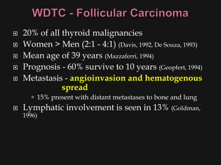    20% of all thyroid malignancies
   Women > Men (2:1 - 4:1) (Davis, 1992, De Souza, 1993)
   Mean age of 39 years (Mazzaferri, 1994)
   Prognosis - 60% survive to 10 years (Geopfert, 1994)
   Metastasis - angioinvasion and hematogenous
               spread
       15% present with distant metastases to bone and lung
   Lymphatic involvement is seen in 13% (Goldman,
    1996)
 