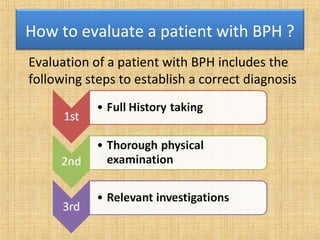 How to evaluate a patient with BPH ?
Evaluation of a patient with BPH includes the
following steps to establish a correct ...