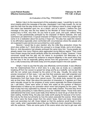 Evaluation of the play, progress | DOCX | Television | Entertainment