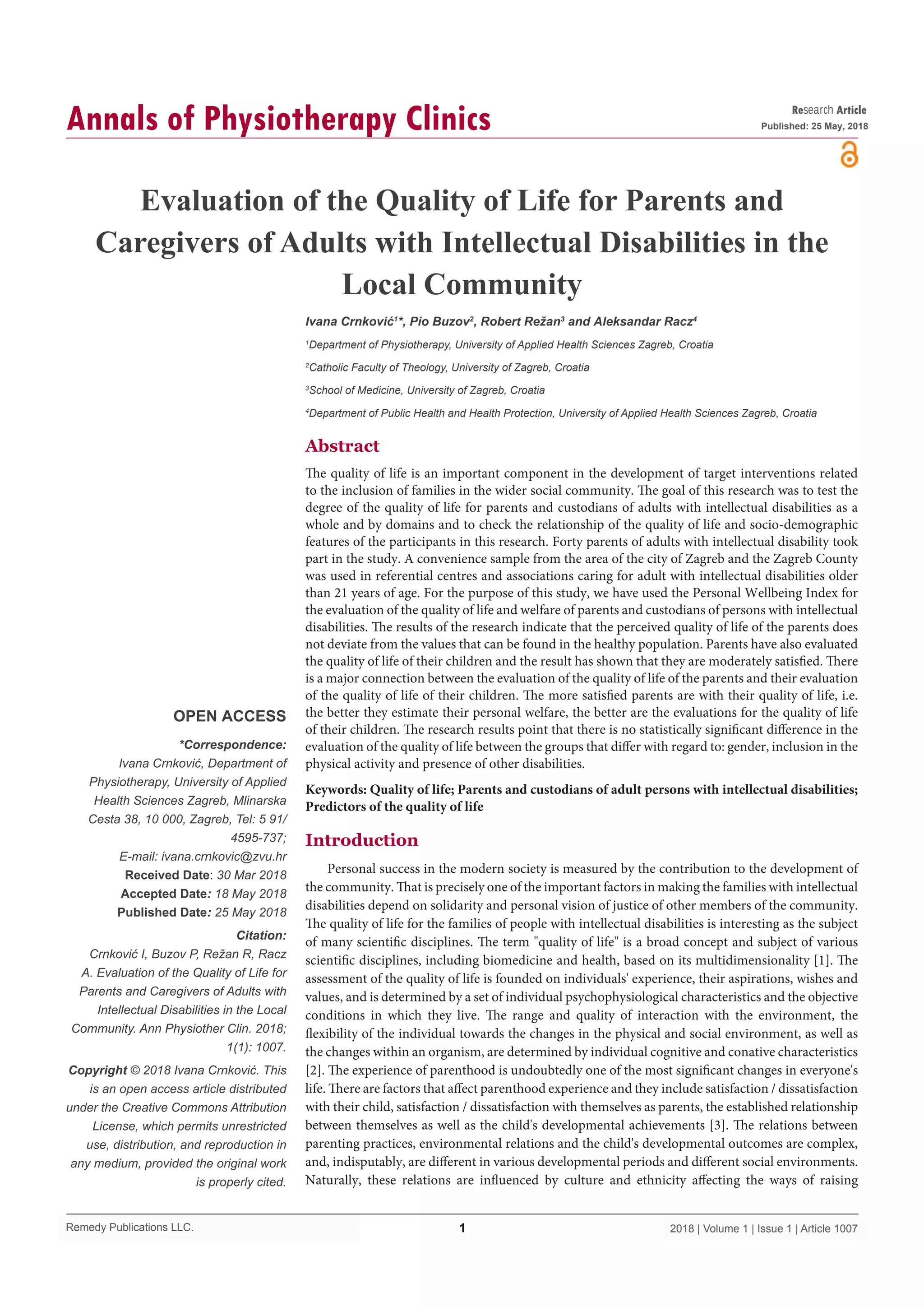 Evaluation of the Quality of Life for Parents and Caregivers of Adults ...