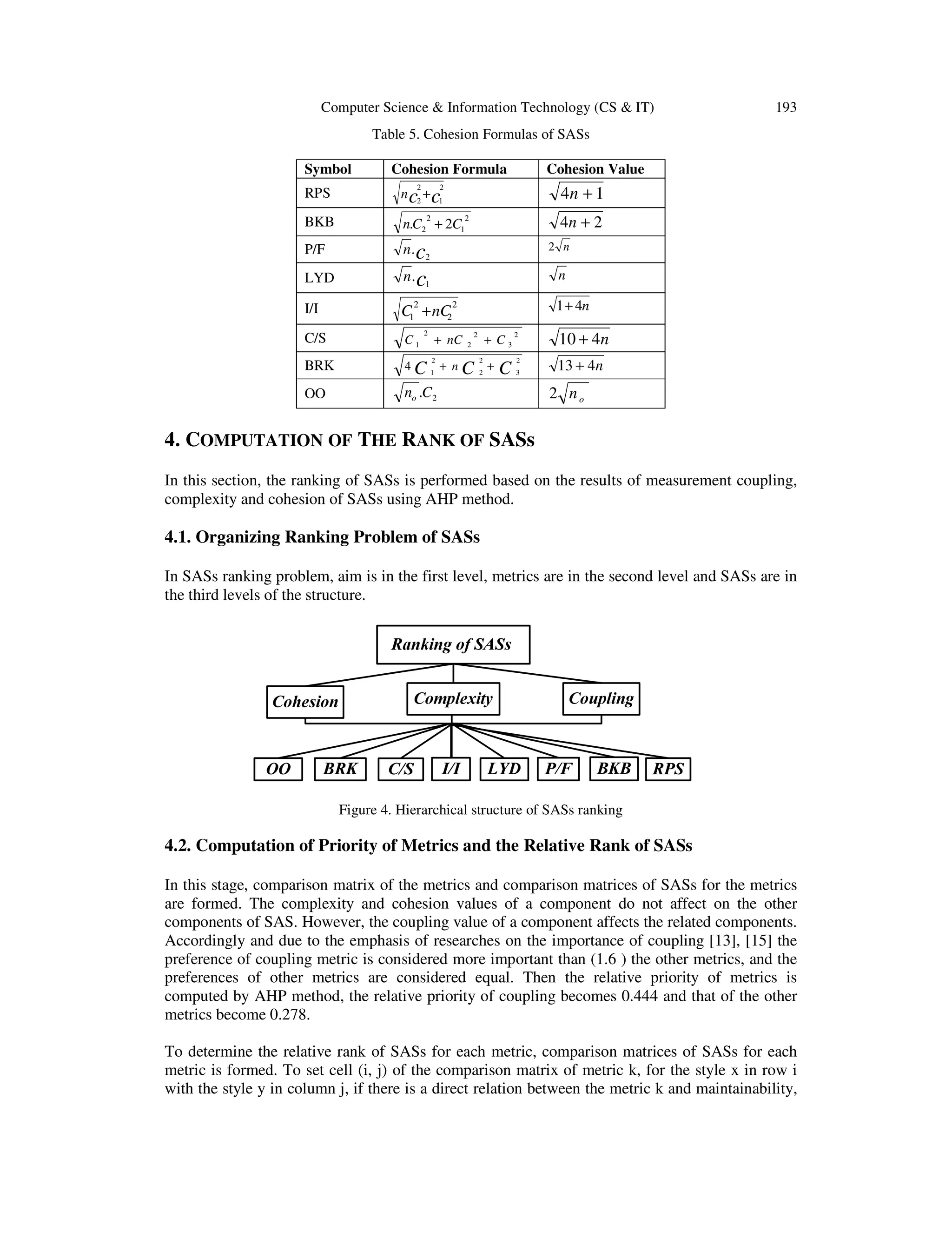 Computer Science & Information Technology (CS & IT)

193

Table 5. Cohesion Formulas of SASs
Symbol

Cohesion Formula
2

Cohesion Value

2

4n + 1

RPS

n c2 + c1

BKB

n.C2 + 2C1

P/F

n . c2

2 n

LYD

n . c1

n

I/I

C1 + nC
2

C/S

C1

2

2

2

2

BRK

4C

OO

1+ 4n

2

+ nC
2

4n + 2

2

+ C3

2
2

2

10 + 4n

C

2

13 + 4n

no .C 2

1

+ nC

2

+

3

2 no

4. COMPUTATION OF THE RANK OF SASs
In this section, the ranking of SASs is performed based on the results of measurement coupling,
complexity and cohesion of SASs using AHP method.

4.1. Organizing Ranking Problem of SASs
In SASs ranking problem, aim is in the first level, metrics are in the second level and SASs are in
the third levels of the structure.

Figure 4. Hierarchical structure of SASs ranking

4.2. Computation of Priority of Metrics and the Relative Rank of SASs
In this stage, comparison matrix of the metrics and comparison matrices of SASs for the metrics
are formed. The complexity and cohesion values of a component do not affect on the other
components of SAS. However, the coupling value of a component affects the related components.
Accordingly and due to the emphasis of researches on the importance of coupling [13], [15] the
preference of coupling metric is considered more important than (1.6 ) the other metrics, and the
preferences of other metrics are considered equal. Then the relative priority of metrics is
computed by AHP method, the relative priority of coupling becomes 0.444 and that of the other
metrics become 0.278.
To determine the relative rank of SASs for each metric, comparison matrices of SASs for each
metric is formed. To set cell (i, j) of the comparison matrix of metric k, for the style x in row i
with the style y in column j, if there is a direct relation between the metric k and maintainability,

 
