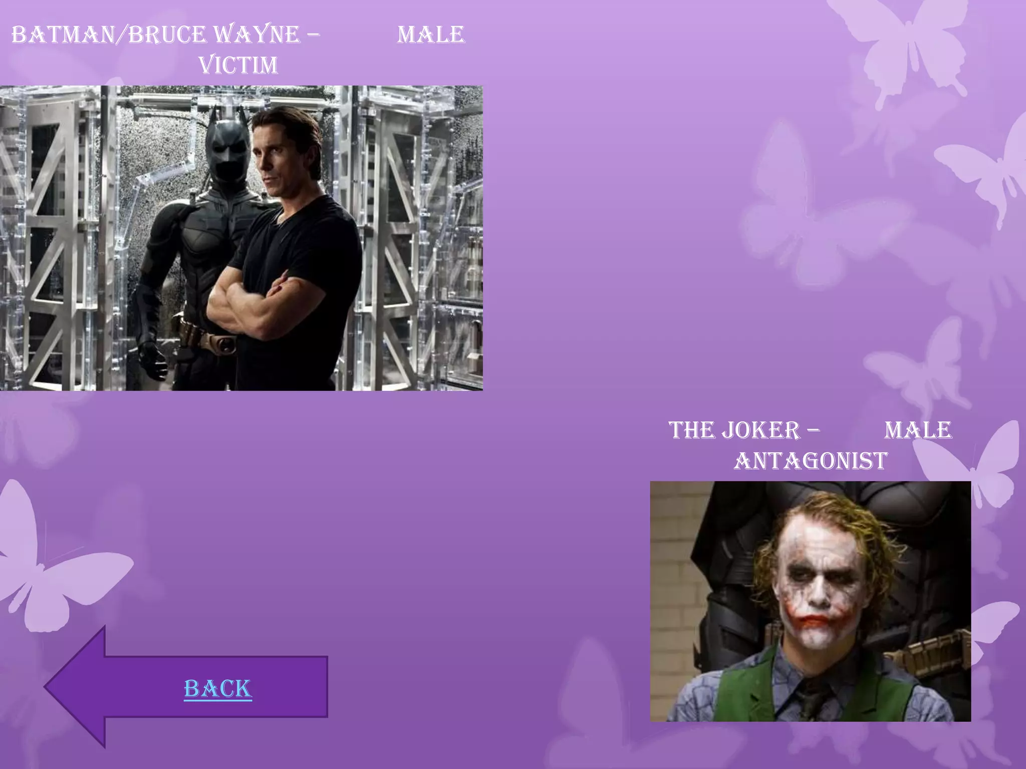 Batman/Bruce Wayne – Male
Victim
The Joker – Male
Antagonist
Back
 