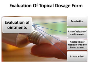 Evaluation Of Topical Dosage Form

                              Penetration
Evaluation of
 ointments
                            Rate of release of
                              medicaments

                             Absorption of
                            medicaments into
                             blood stream


                              Irritant effect
 