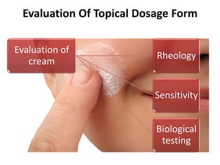 Evaluation Of Topical Dosage Form

Evaluation of
                          Rheology
   cream


                         Sensitivity


                          Biological
                           testing
 