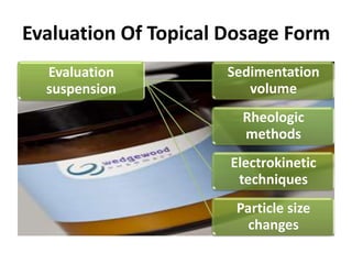 Evaluation Of Topical Dosage Form
  Evaluation         Sedimentation
  suspension            volume
                       Rheologic
                       methods
                      Electrokinetic
                       techniques
                      Particle size
                        changes
 