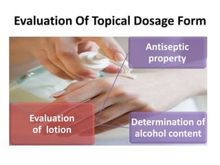 Evaluation Of Topical Dosage Form
                       Antiseptic
                       property




  Evaluation        Determination of
   of lotion         alcohol content
 