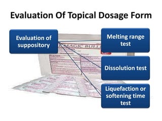 Evaluation Of Topical Dosage Form

 Evaluation of        Melting range
  suppository              test


                     Dissolution test


                      Liquefaction or
                      softening time
                           test
 