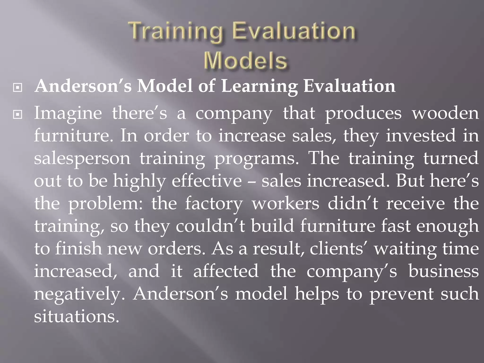  Anderson’s Model of Learning Evaluation
 Imagine there’s a company that produces wooden
furniture. In order to increase sales, they invested in
salesperson training programs. The training turned
out to be highly effective – sales increased. But here’s
the problem: the factory workers didn’t receive the
training, so they couldn’t build furniture fast enough
to finish new orders. As a result, clients’ waiting time
increased, and it affected the company’s business
negatively. Anderson’s model helps to prevent such
situations.
 