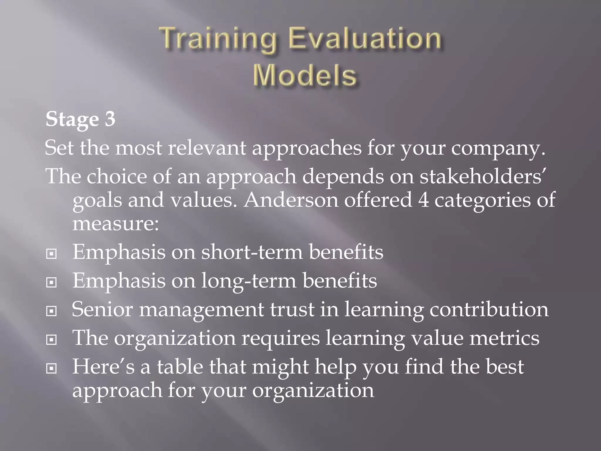 Stage 3
Set the most relevant approaches for your company.
The choice of an approach depends on stakeholders’
goals and values. Anderson offered 4 categories of
measure:
 Emphasis on short-term benefits
 Emphasis on long-term benefits
 Senior management trust in learning contribution
 The organization requires learning value metrics
 Here’s a table that might help you find the best
approach for your organization
 