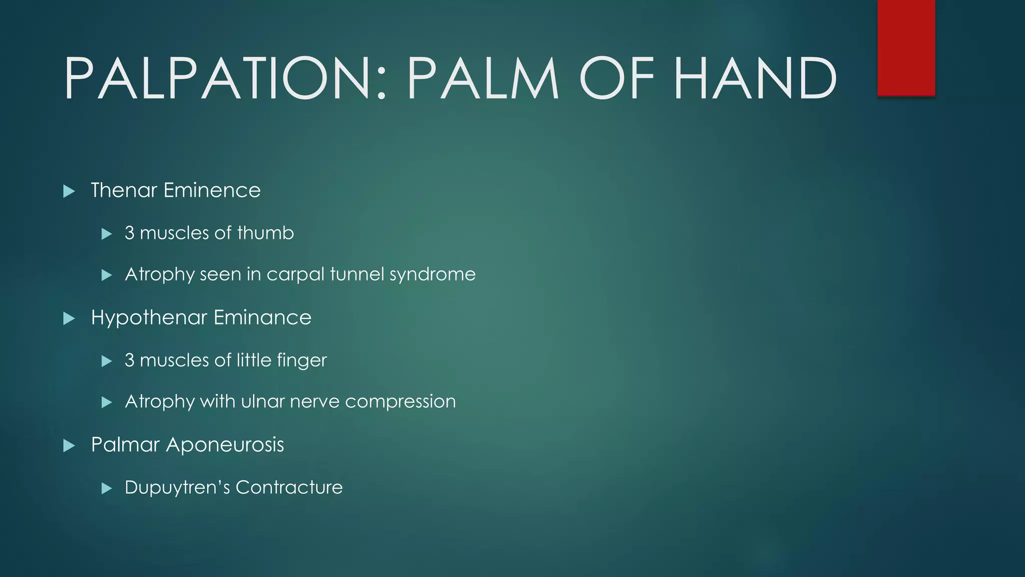 PALPATION: PALM OF HAND
 Thenar Eminence
 3 muscles of thumb
 Atrophy seen in carpal tunnel syndrome
 Hypothenar Eminance
 3 muscles of little finger
 Atrophy with ulnar nerve compression
 Palmar Aponeurosis
 Dupuytren’s Contracture
 