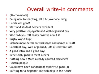 Overall write-in comments (16 comments) Being new to teaching, all a bit overwhelming Lunch was good!  Staff and student helpers excellent Very positive, enjoyable and well-organised day Worthwhile-- felt really positive about it Rugby World Cup! Include more detail on workshops and names of staff Excellent day, well organised, lots of relevant info A good intro and a good day! Beneficial, good to meet others Nothing new / Much already covered elsewhere Helpful people Could have been condensed; otherwise good (3) Baffling for a beginner, but will help in the future 