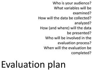 Who is your audience?
What variables will be
examined?
How will the data be collected?
analyzed?
How (and where) will the data
be presented?
Who will be involved in the
evaluation process?
When will the evaluation be
completed?
Evaluation plan
 