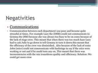 Negativities
• Communications
• Communication between each department was poor and became quite
stressful at times. For ex...
