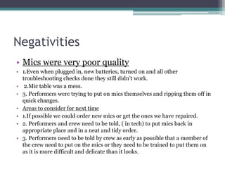 Negativities
• Mics were very poor quality
• 1.Even when plugged in, new batteries, turned on and all other
troubleshootin...