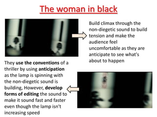 The woman in black
                                 Build climax through the
                                 non-diegetic sound to build
                                 tension and make the
                                 audience feel
                                 uncomfortable as they are
                                 anticipate to see what's
They use the conventions of a    about to happen
thriller by using anticipation
as the lamp is spinning with
the non-diegetic sound is
building, However, develop
forms of editing the sound to
make it sound fast and faster
even though the lamp isn't
increasing speed
 