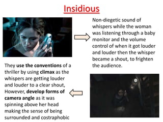 Insidious
                                  Non-diegetic sound of
                                  whispers while the woman
                                  was listening through a baby
                                  monitor and the volume
                                  control of when it got louder
                                  and louder then the whisper
                                  became a shout, to frighten
They use the conventions of a     the audience.
thriller by using climax as the
whispers are getting louder
and louder to a clear shout,
However, develop forms of
camera angle as it was
spinning above her head
making the sense of being
surrounded and costraphobic
 
