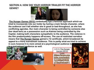 SECTION A: HOW DID YOUR HORROR TRAILER FIT THE HORROR
GENRE?
Link to The Hunger
Games (2012)
Trailer
The Hunger Games (2012) contextually has a feminist approach which we
tried to incorporate into our trailer by having a main female character, where
the audience can’t tell whether she is good or bad throughout, as she has
conflicting agendas. Our main character is being controlled by someone else
(her dead twin) as a possession such as Katniss being controlled by the
Capital, making both characters sympathetic to the audience. The violence in
the film predominately happens off-screen. The use of restricted narration
means that The Hunger Games gained a 12 certificate, which broadened its
appeal to a more mainstream audience. This is partly what we tried to achieve
in ours however it is more aimed at a psychological audience but could appeal
to a mainstream audience as well.
 