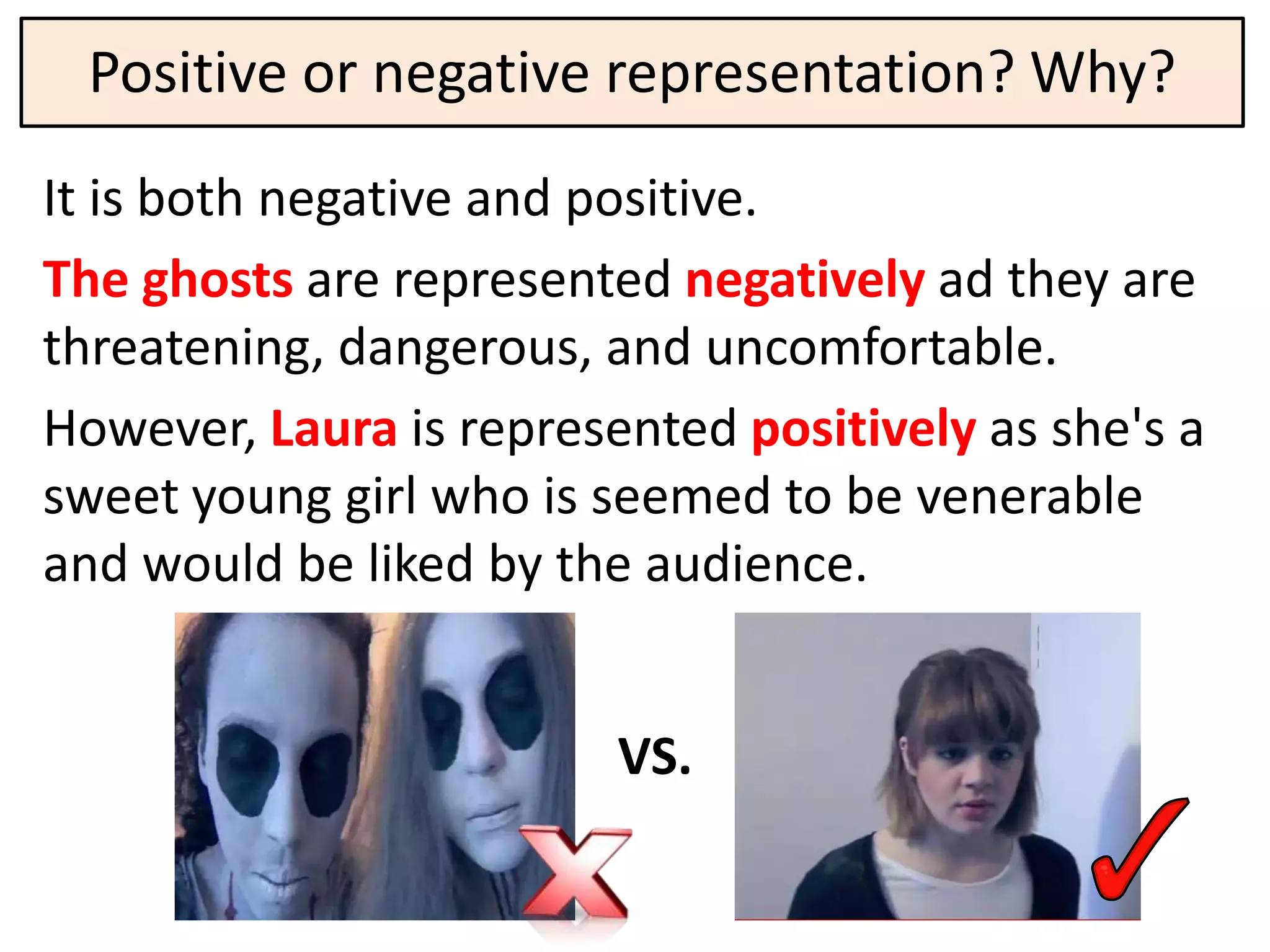 Positive or negative representation? Why?
It is both negative and positive.
The ghosts are represented negatively ad they are
threatening, dangerous, and uncomfortable.
However, Laura is represented positively as she's a
sweet young girl who is seemed to be venerable
and would be liked by the audience.


                         VS.
 