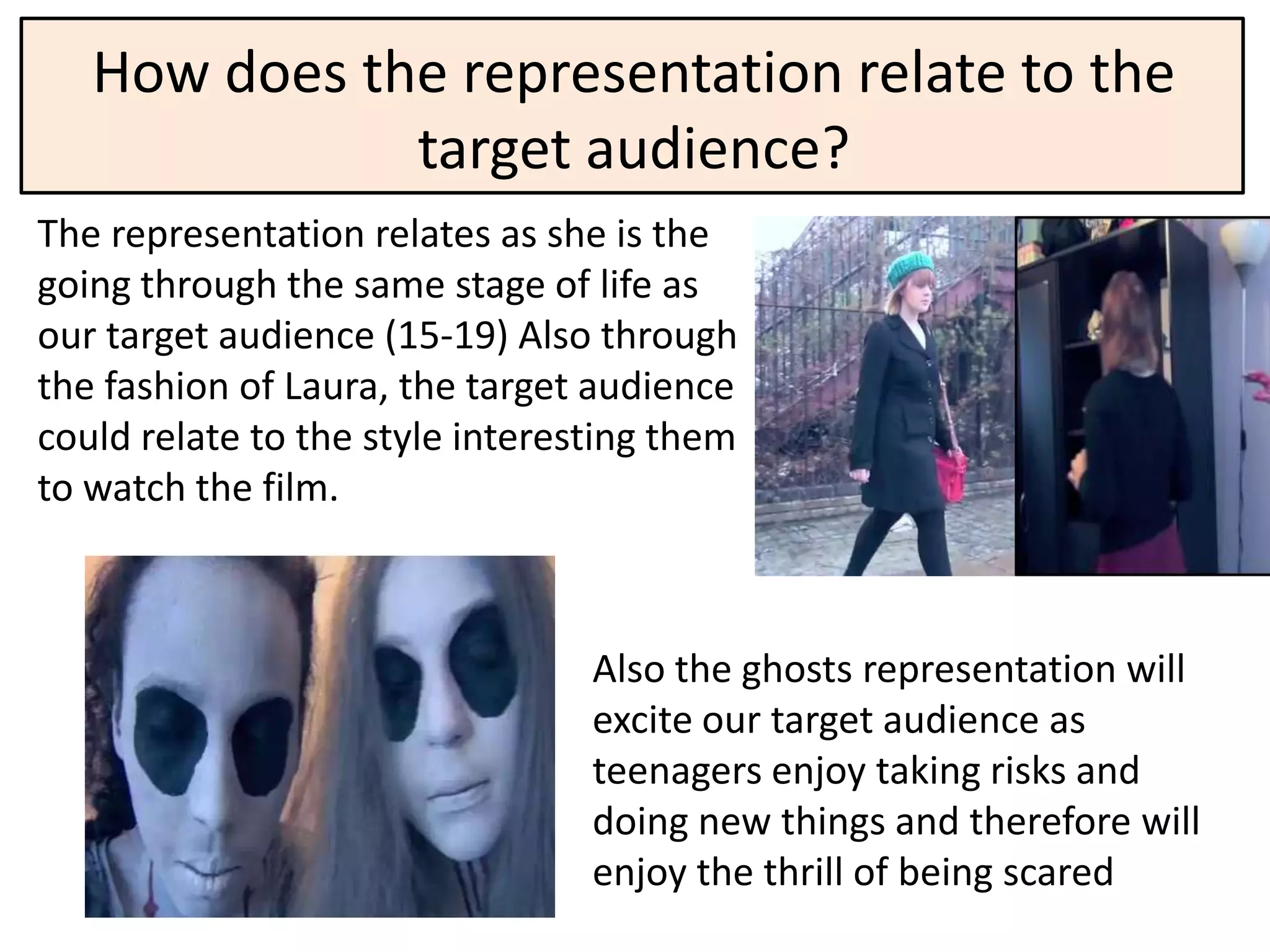 How does the representation relate to the
              target audience?
The representation relates as she is the
going through the same stage of life as
our target audience (15-19) Also through
the fashion of Laura, the target audience
could relate to the style interesting them
to watch the film.



                                 Also the ghosts representation will
                                 excite our target audience as
                                 teenagers enjoy taking risks and
                                 doing new things and therefore will
                                 enjoy the thrill of being scared
 