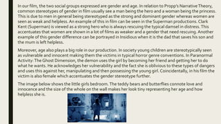 In our film, the two social groups expressed are gender and age. In relation to Propp’s NarrativeTheory,
common stereotypes of gender in film usually see a man being the hero and a woman being the princess.
This is due to men in general being stereotyped as the strong and dominant gender whereas women are
seen as weak and helpless.An example of this in film can be seen in the Superman productions. Clark
Kent (Superman) is viewed as a strong hero who is always rescuing the typical damsel in distress.This
accentuates that women are shown in a lot of films as weaker and a gender that need rescuing.Another
example of this gender difference can be portrayed in Insidious when it is the dad that saves his son and
the mum is left helpless.
Moreover, age also plays a big role in our production. In society young children are stereotypically seen
as vulnerable and innocent making them the victims in typical horror genre conventions. In Paranormal
Activity:The Ghost Dimension, the demon uses the girl by becoming her friend and getting her to do
what he wants. He acknowledges her vulnerability and the fact she is oblivious to these types of dangers
and uses this against her, manipulating and then possessing the young girl. Coincidentally, in his film the
victim is also female which accentuates the gender stereotype further.
The image below shows the little girls bedroom.The teddy bears and butterflies connote love and
innocence and the size of the whole on the wall makes her look tiny representing her age and how
helpless she is.
 