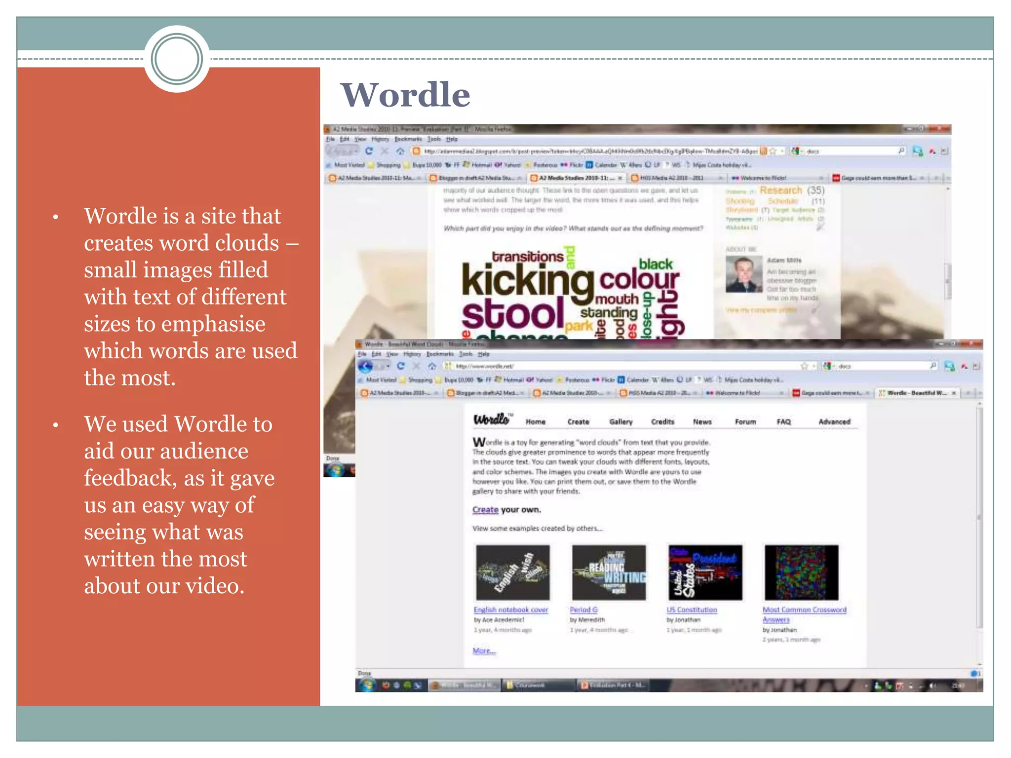 We were able to tag posts, so we can easily find the separate sections, such as planning, research, the man and ancillary tasks, and the evaluation.Which technology and software we used on our blogs to further the capabilities of our diariesBlogging Technology