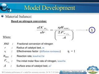10 Evaluationperformance of a radialflowammonia converter, Dr.M.T.ElTohfa
Material balance:
Based on nitrogen conversion:









A
F
R
dr
dX
No
NHN
2
32
2

1
η = 1 : Effectiveness factor (diffusion resistance)
: The initial molar flow rate of nitrogen, kmol/hr.
A : Surface area of catalyst bed, m2
r : Radius of catalyst bed, m
RNH3 : Reaction rate, kmol/m3.hr
XN2 : Fractional conversion of nitrogen
2NoF
Where:
 